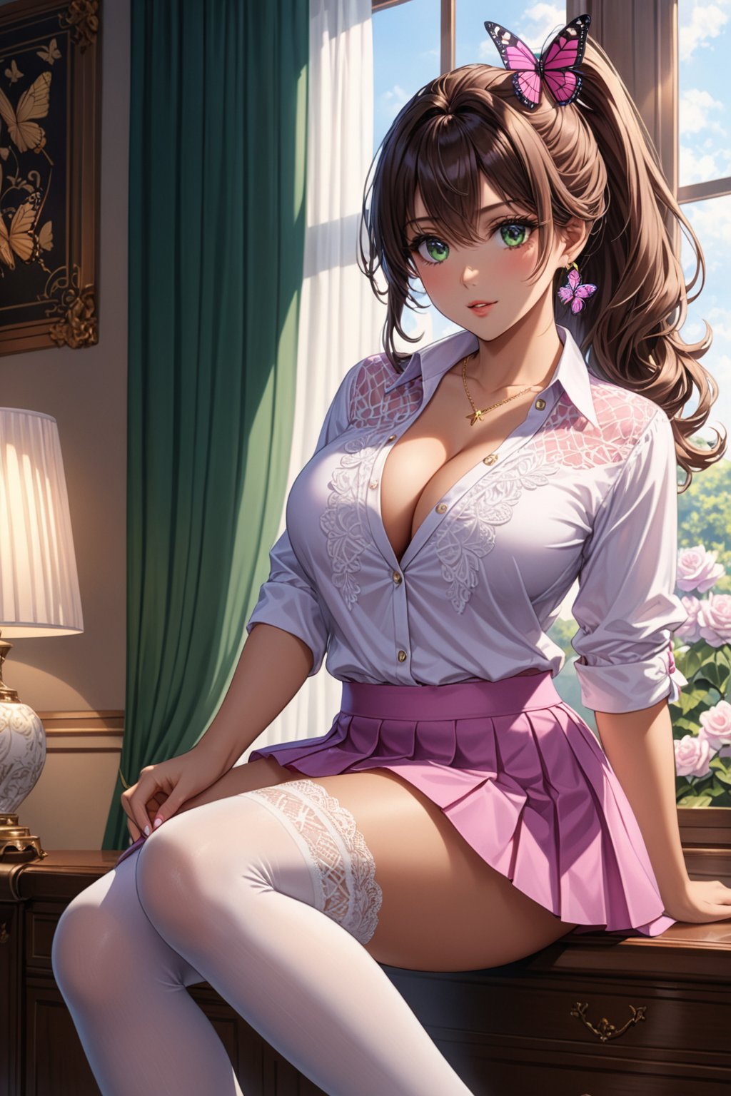 In they room, model women girl, big chest, tanned skin, green eyes and long brown hair tied in a ponytail, sexi pose, massive chest, (beige V-neck blouse completely open unbuttoned almost showing her big chest under the blouse with lace and neckline, pink mini-skirt with pleats and butterfly patterns, white knee-high stockings with diamond patterns, purple bow), (((perfect high detailed hands, perfect high detailed fingers, beautiful face, high detailed perfect eyes, perfect detailed beautiful full body))),