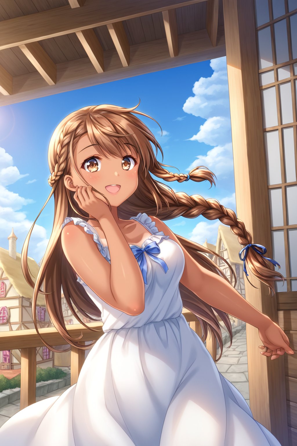 A woman, beautiful, 23 years old, village, bridge, hand on railing, wind, hair flying, hand stroking hair, cheerful, slight smile, /(bottom focus, focus from below, right profile,), /(copper hair, extremely long hair, topknot, right side braid, braid over shoulder, tanned skin, hazel eyes, light eyes,),