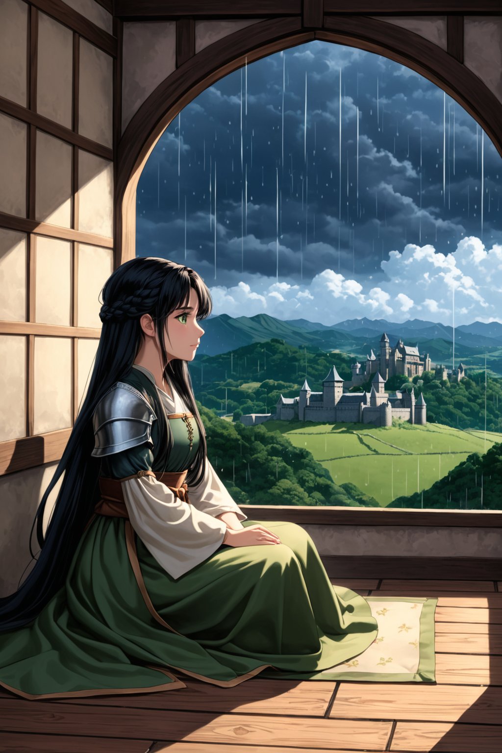 Female, teenager, 17 years old, medieval, fantasy world, in room, castle, rainy sky, sitting, floor, /(left profile, left profile approach, looking at the sky, looking out the window,), silk clothing, noble clothing, fitted dress, waist band, braids, extremely long black hair, green eyes, sad, teary eyes, /(Kyoto Animation style,), /(inspired by medieval novels by Tolkien, Sanderson, George R.R. Martin,),