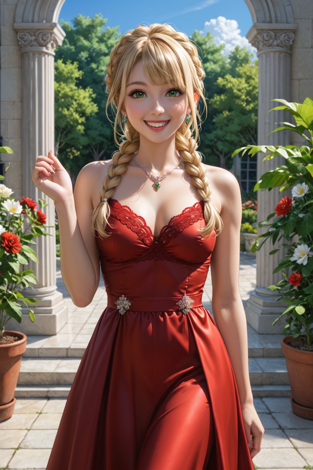 Portrait, female, teenager, 17 years old, blonde, pigtail, braid, green eyes, white skin, elegant clothes, strappy dress with lace, long dress, fitted dress, red dress, coat, medium stiletto shoes, proportionate body, top focus, aerial view, looking at the sky, raising hands, cheerful, smiling, night, half lighting, large garden, imposing mansion,