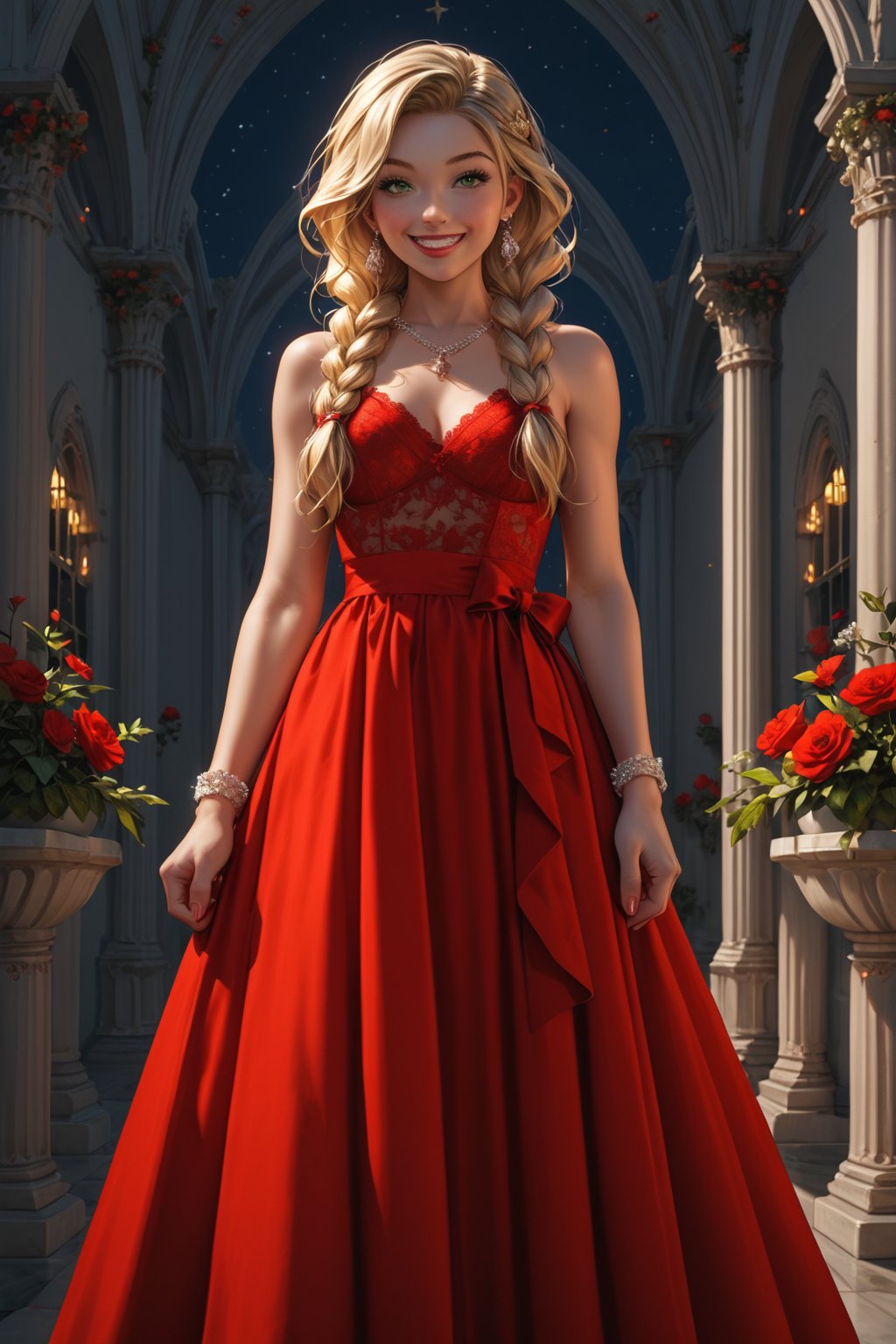 Portrait, female, teenager, 17 years old, blonde, pigtail, braid, green eyes, white skin, elegant clothes, strappy dress with lace, long dress, fitted dress, red dress, coat, medium stiletto shoes, proportionate body, top focus, aerial view, looking at the sky, raising hands, cheerful, smiling, night, half lighting, large garden, imposing mansion,