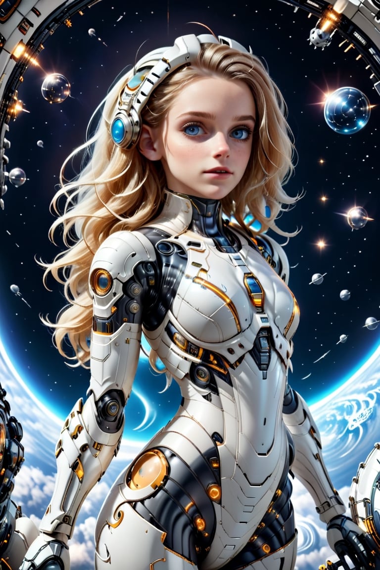 the white woman is floating in space in a space suit, behind her planet Earth is in view, the African continent, stars in view in space around her, cyborg-style, cyborg-style, cyborg-style,mecha\(hubggirl)\,3D Render Style