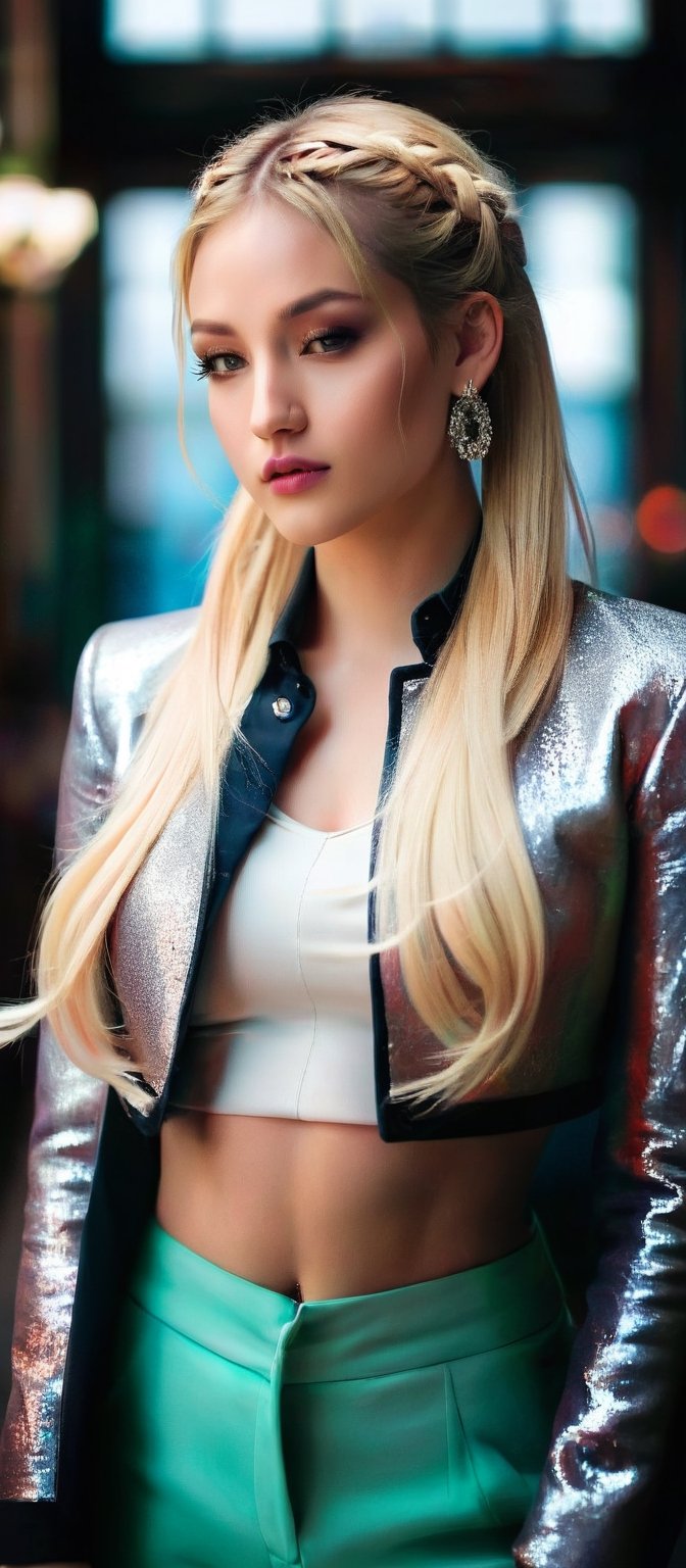 Generate hyper realistic image of a woman with long, blonde hair styled into elegant twintails, adorned with exquisite jewelry. She wears a fashionable jacket over a chic crop top, showcasing her midriff with confidence. With her eyes closed in serene contemplation, she holds a smartphone in one hand, her other hand adorned with sparkling earrings. The indoor setting provides a backdrop of sophistication, while her stylish pants complete the ensemble.