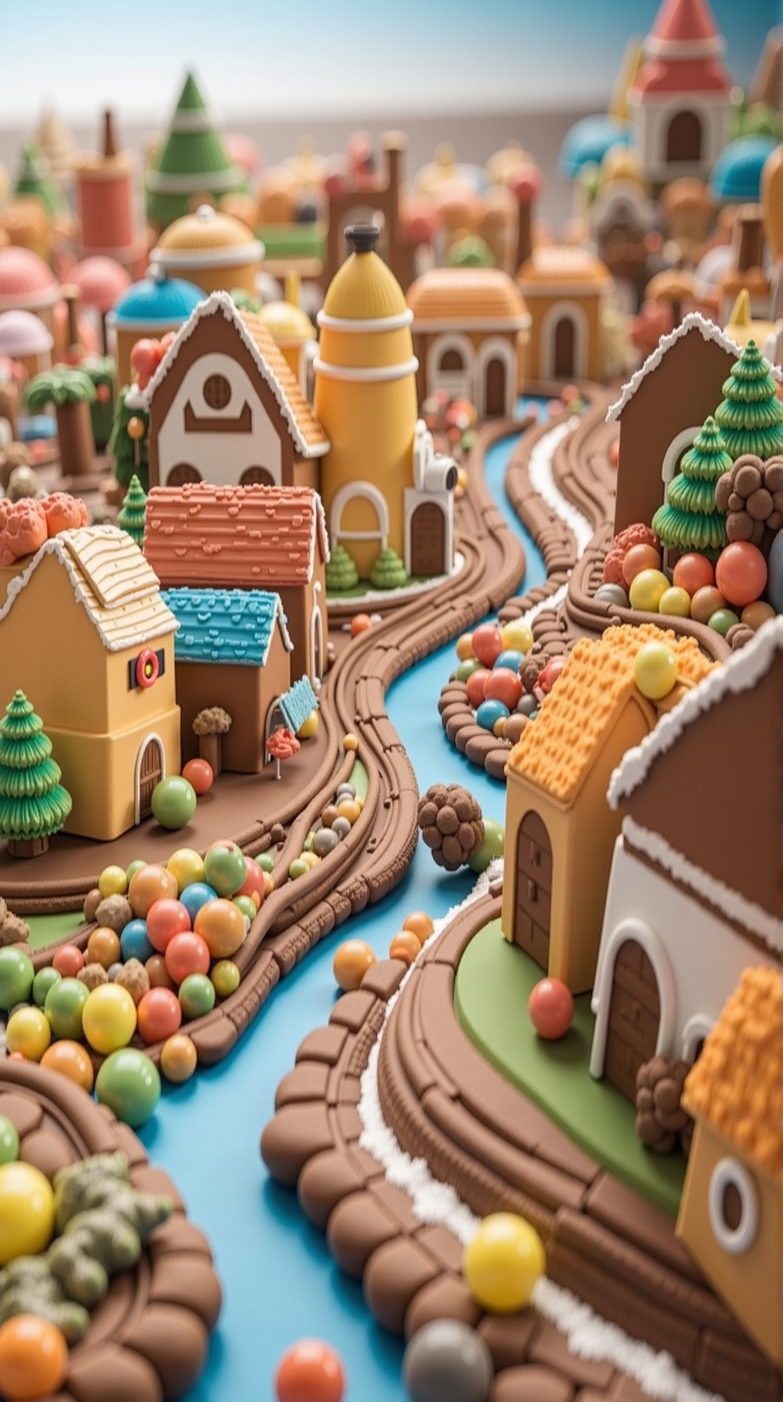 Here's a high-quality, photorealistic, 4K prompt for you:

A whimsical, 3D-rendered scene depicts a vibrant, sugar-coated town, 'Candytopia', where gingerbread cottages and gumdrop trees line the streets. Soft bokeh lighting casts a warm glow on candy-cane lampposts, while caramel rivers flow through miniature cities. A lollipop park is bustling with activity, as gummy bears frolic in the foreground. Candy floss clouds drift lazily across the sky, set against a backdrop of sugary sweet pastel tones. The camera zooms in on a close-up shot of a gingerbread town, complete with intricate details and realistic textures, as if you're stepping into a miniature city made entirely of sweets.