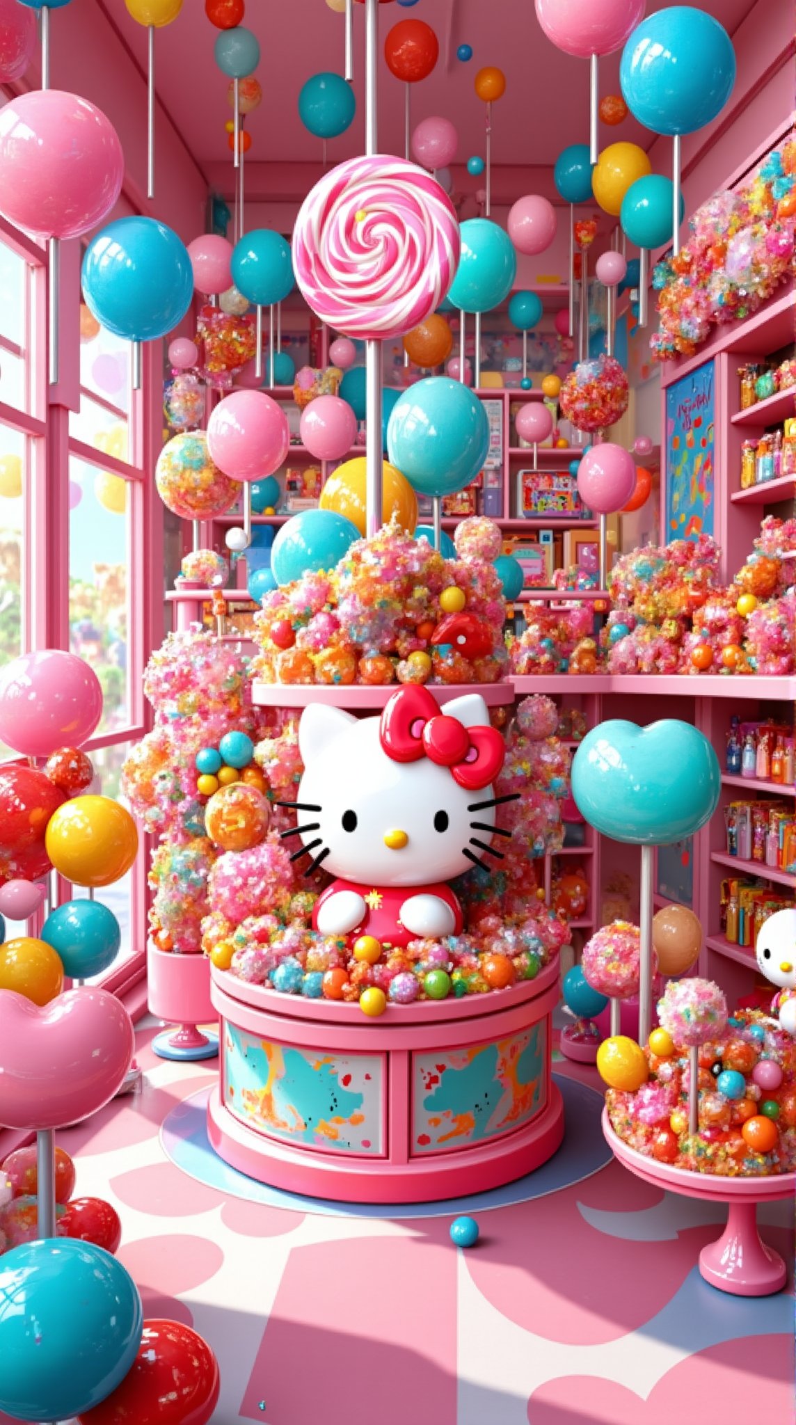 In a whimsical candy shop, a Hello Kitty figurine sits amidst a sea of colorful confections. The walls are lined with gummy bears, peppermint swirls, and cotton candy clouds. A towering lollipop centerpiece rises like a sugary spire, adorned with edible glitter. A sweet-toothed girl, crafted from crystallized sugar, holds a Hello Kitty treat box. ❤🔥🍄🌪