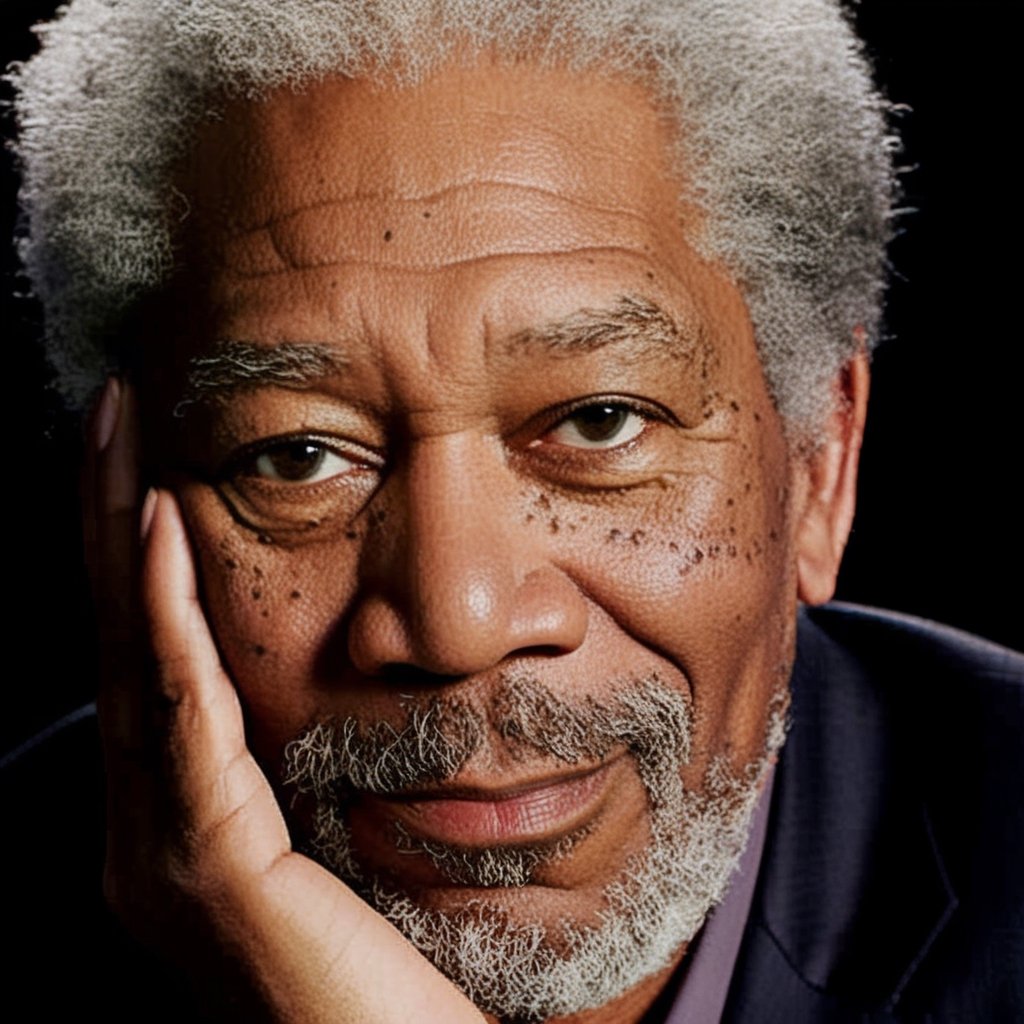 A photorealistic masterpiece of Morgan Freeman's profile, set against a subtle gradient background that complements his rich gray hair and beard. The image features a man wearing a dark jacket, his hand gently resting on his chin as he gazes to the side with a thoughtful expression. His eyes are detailed and piercing, with a hint of a smile playing on his lips. The overall composition is one of contemplation, with Morgan's gaze seemingly lost in thought or observing something just out of frame. The image is rendered at an ultra-high resolution of 8K, making it suitable for use as a high-quality wallpaper.