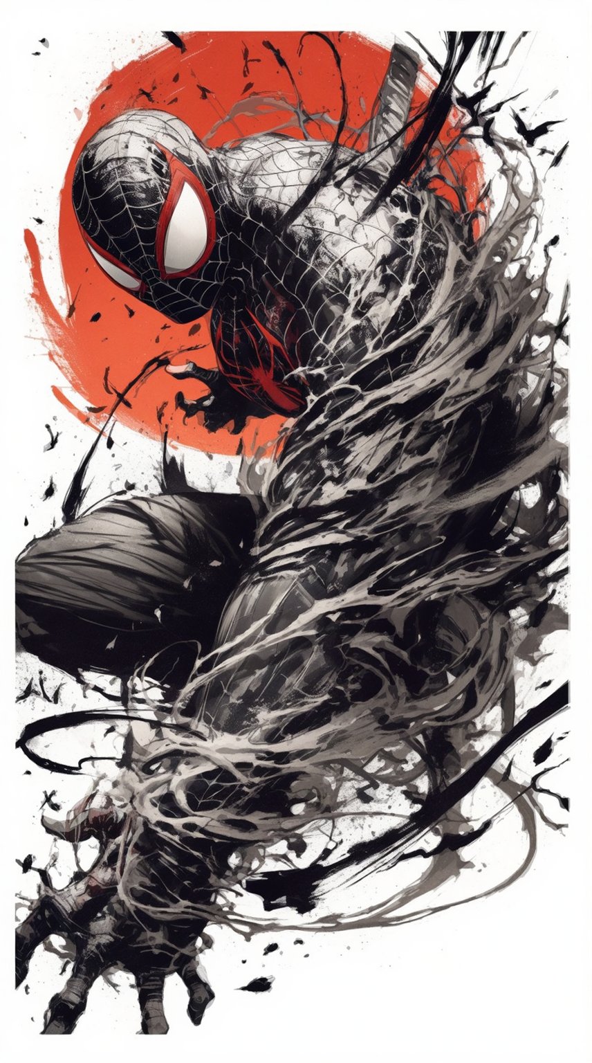 A gritty black and white illustration of Spider-Man, framed with a dramatic red sunburst in the background, as Venom's ominous presence looms large. The web-slinger's heroic pose is met with Venom's menacing dunk, a nod to Mike Deodato Jr.'s style. Miles Morales' iconic character meets Ryan Stegman-inspired symbiote chaos, blending Marvel art and Venomized mayhem.