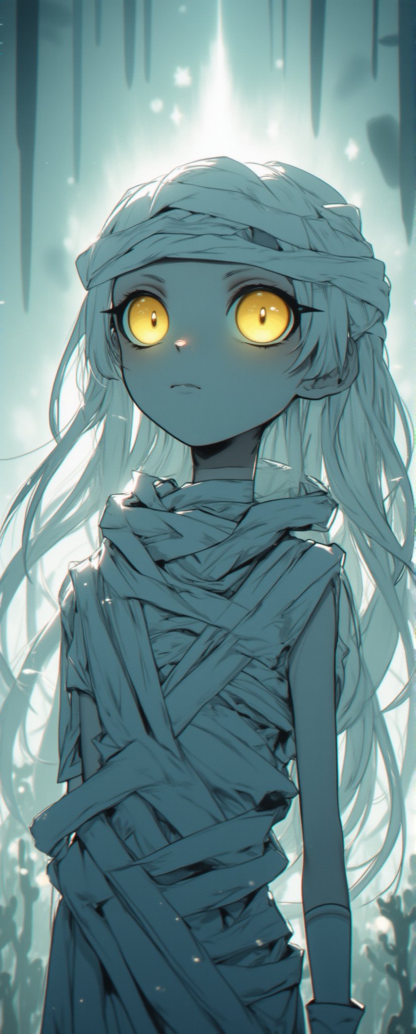 full body shot of Neferpitou, a Niji-style anime mummy girl, with long white hair framing her pale complexion. Her enormous, luminescent yellow eyes dominate the frame, radiating an otherworldly glow. Delicate anime lines define her features, as she gazes wistfully into the distance, surrounded by a soft, dreamy mist.