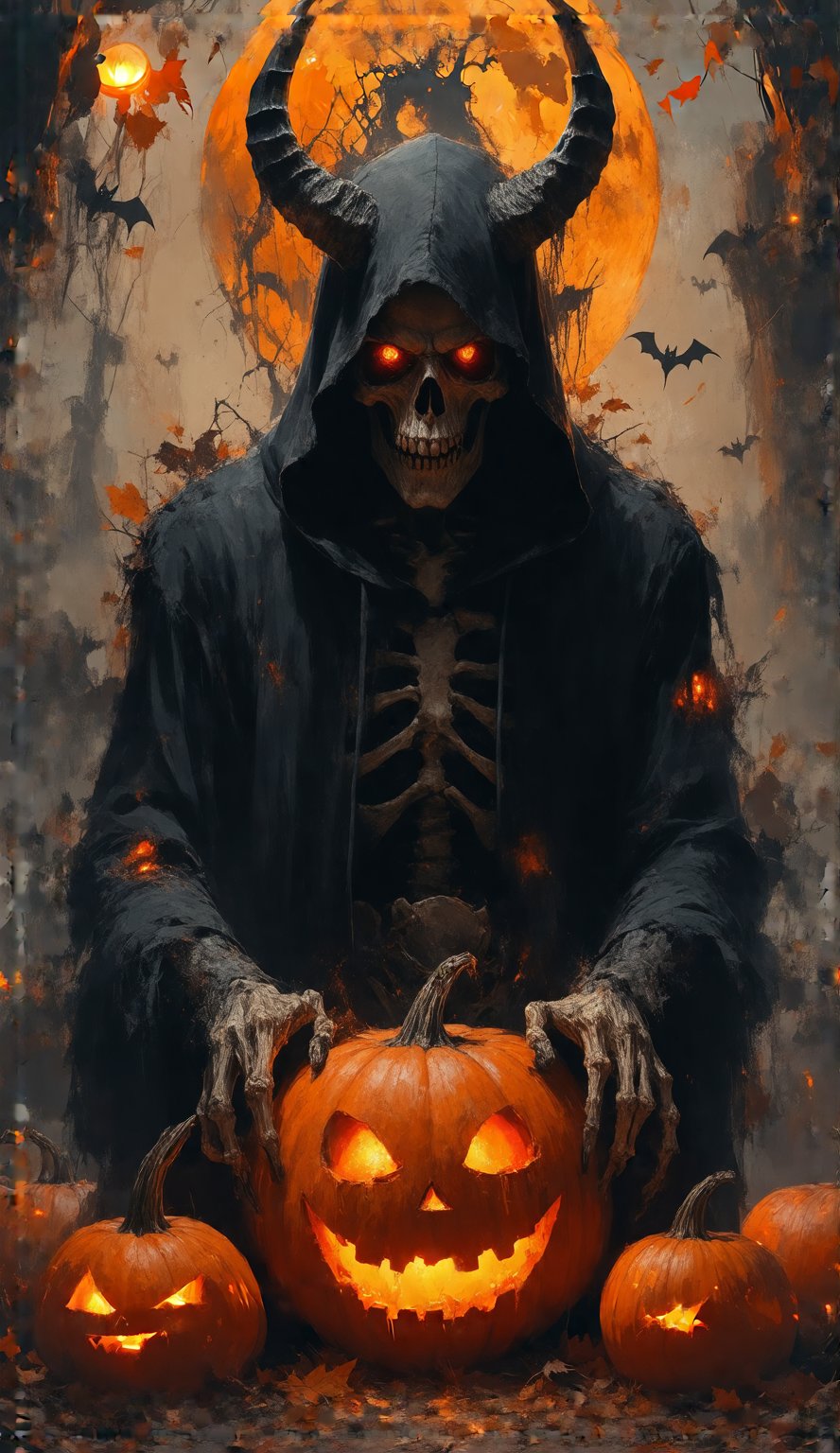 Here's a prompt for you:

A haunting portrait of Grim Reaper, with a demon's head and horns emerging from a black hoodie, set against a darkly lit Halloween atmosphere. The King of Death, depicted as a beautiful male god, sits regally amidst a backdrop of eerie pumpkins, his eyes glowing with an otherworldly intensity. Guillem H. Pongiluppi's vivid digital art brings this 4K horror masterpiece to life, shrouding the subject in shadows and highlights with precision. Create a stunning piece that captures the essence of Halloween terror, replete with intricate details and bold colors.