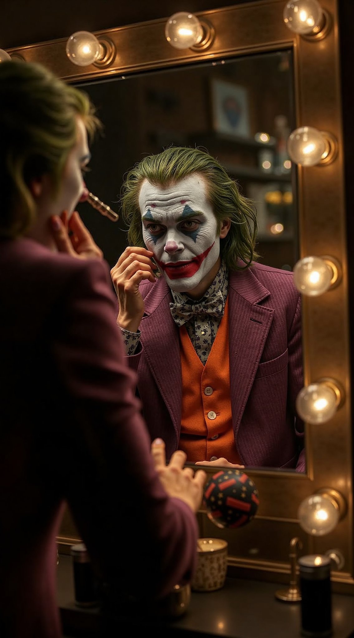 A majestic close-up shot of The Joker, donning a stunning purple suit and vibrant orange vest, fixates intently on his reflection in a vintage-style mirror surrounded by soft-glowing filament bulbs. His eyes gleam with mischief as he meticulously adjusts his makeup, the crisp lines of his suit and the warm lighting creating a sense of sophistication amidst the chaotic atmosphere.