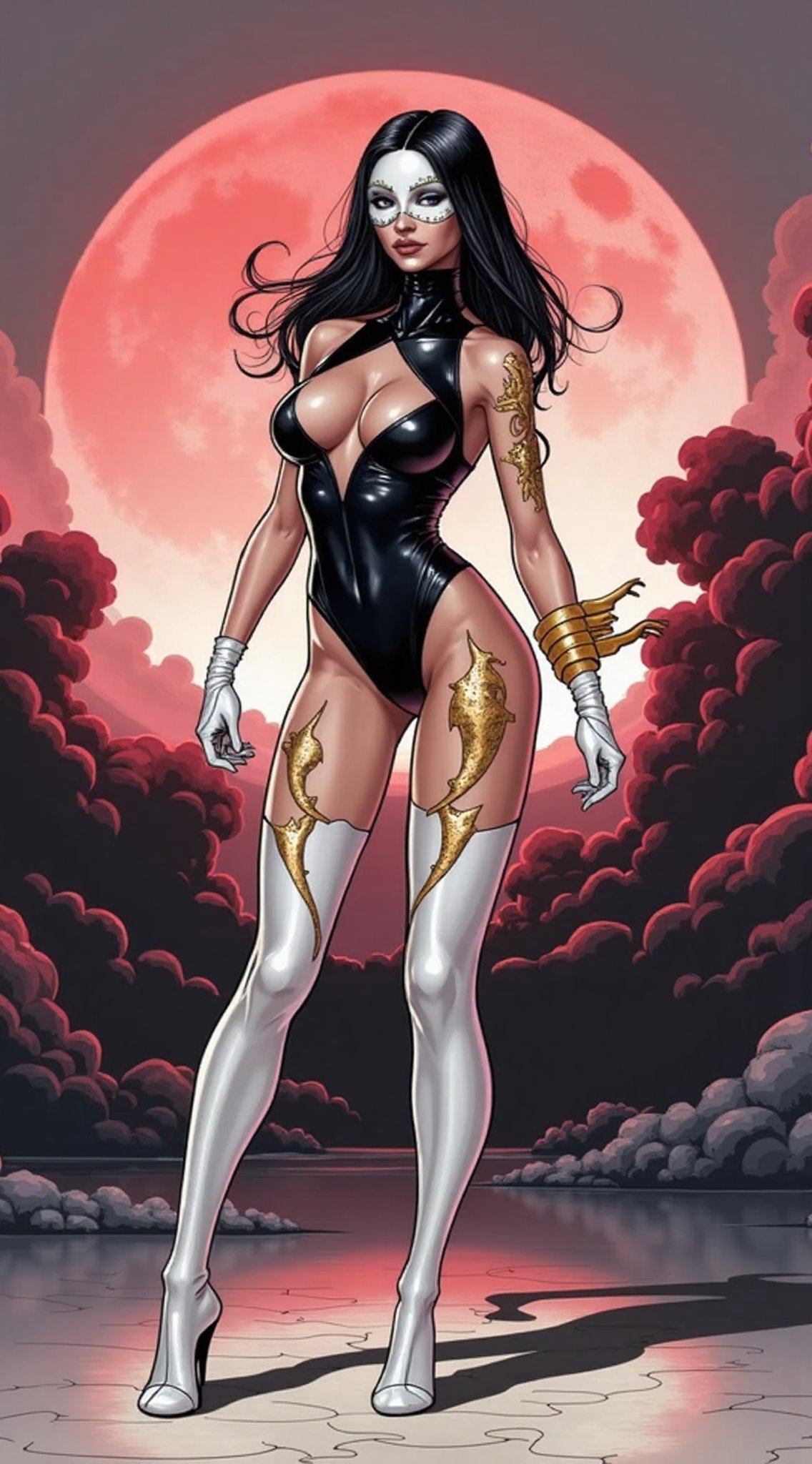 a high contrast digital artwork of a super sexy female phantom with a white venitian mask with gold trims and a red sun in the background, high contrast, super high definition, sharpness, whole body image, dynamic pose, black female phantom suit, inspired by Mike Deodato, mix of phantom and cthulhu, carnage, mike deodato jr, inspired by Ryan Stegman, chaos nightmare mashed with amour phantom