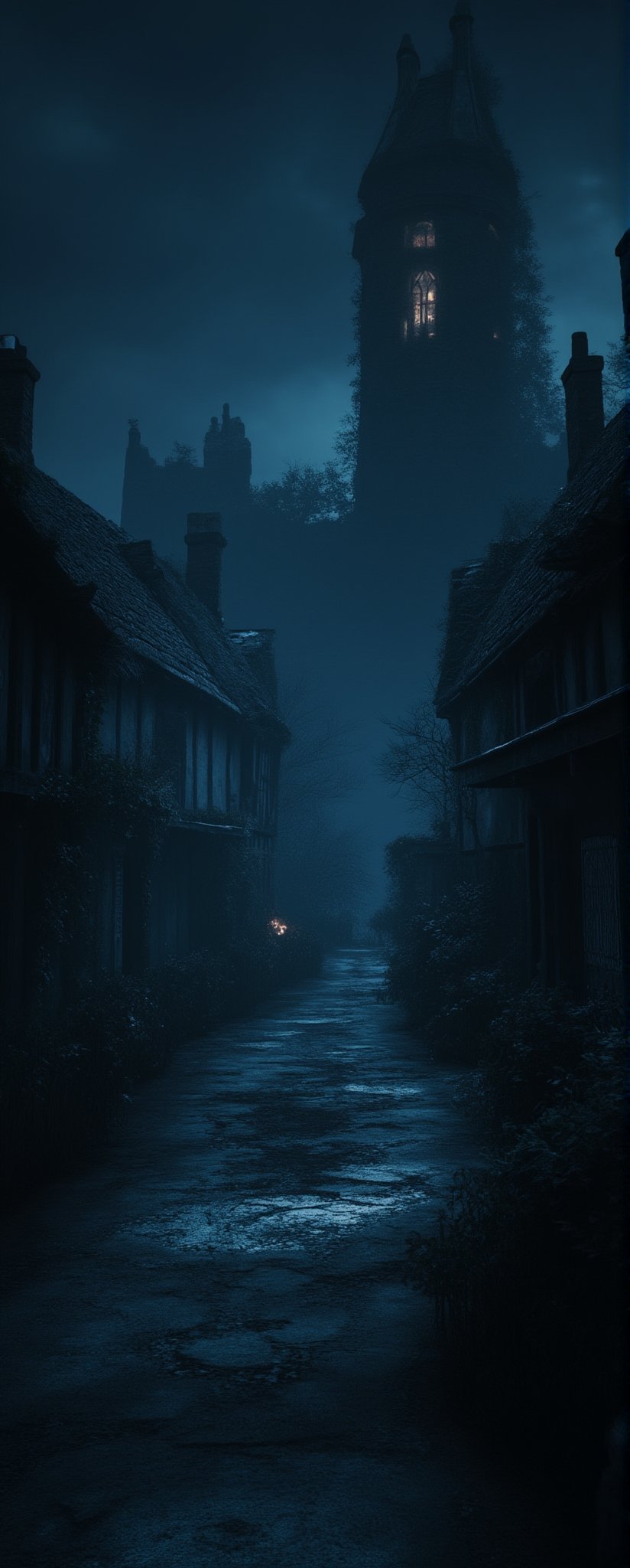 A unnerving night scene depicting a haunted English village draped in mystery and fear. Winding lanes, dilapidated thatched cottages, an eerie graveyard and a looming bell tower. Influenced by the creepiness of Junji Ito’s work, H.P Lovecraft universe, and Edgar Allan Poe's dark romanticism. Starting point for high-quality, horror-themed video game graphics, detailed, photorealistic, with a focus on ominous shadow and chilly blue light. Deserves a place in ArtStation's trending chart.