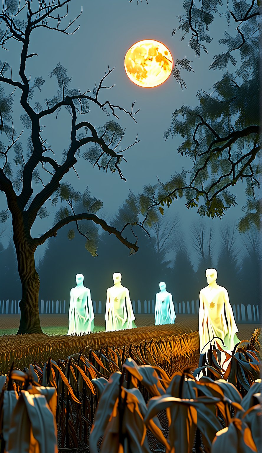 A surreal, yet grounded scene: a magnificent, glowing full moon hangs low in the dark, foggy night sky. In the foreground, eerie fog swirls around gnarled tree trunks. The vast, untouched cornfield stretches behind, a golden sea of stalks swaying gently. Suddenly, five semi transparent ghosts in baseball uniforms with eerie glow materialize at the cornfield's edge, translucent figures etched against the misty backdrop, their baseball player forms shrouded in an otherworldly glow.