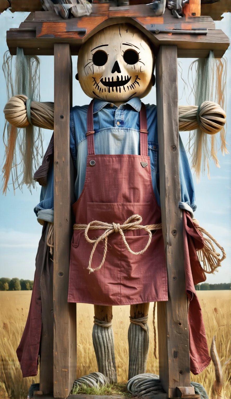 A rustic, weathered scarecrow stands proudly in a sun-kissed field, its worn wooden frame adorned with garments hastily tied on using twine and string. A faded red apron and a blue denim shirt hang loosely, flapping gently in the breeze, as if trying to hold their place despite being held together by mere threads.