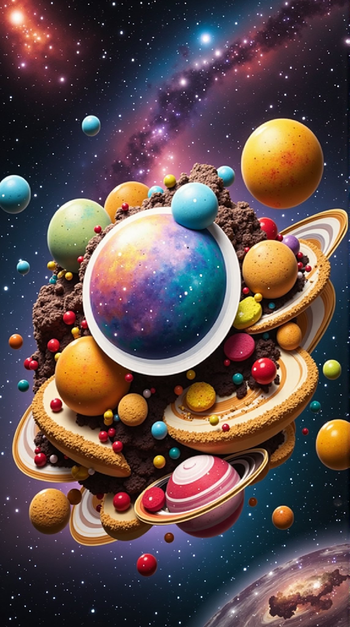 In this stunningly vibrant and whimsical artwork, a cake takes center stage as a galaxy unto itself, adorned with an assortment of candy planets in varying hues and shapes. The planets, some resembling miniature versions of our own solar system bodies, float effortlessly above the cake's surface, as if suspended by an unseen force. A sprinkle of colorful galaxies and stars adds to the celestial wonderland, while Beeple's signature hyperrealism creates a sense of depth and dimensionality. The overall effect is nothing short of a sugary surrealist masterpiece.