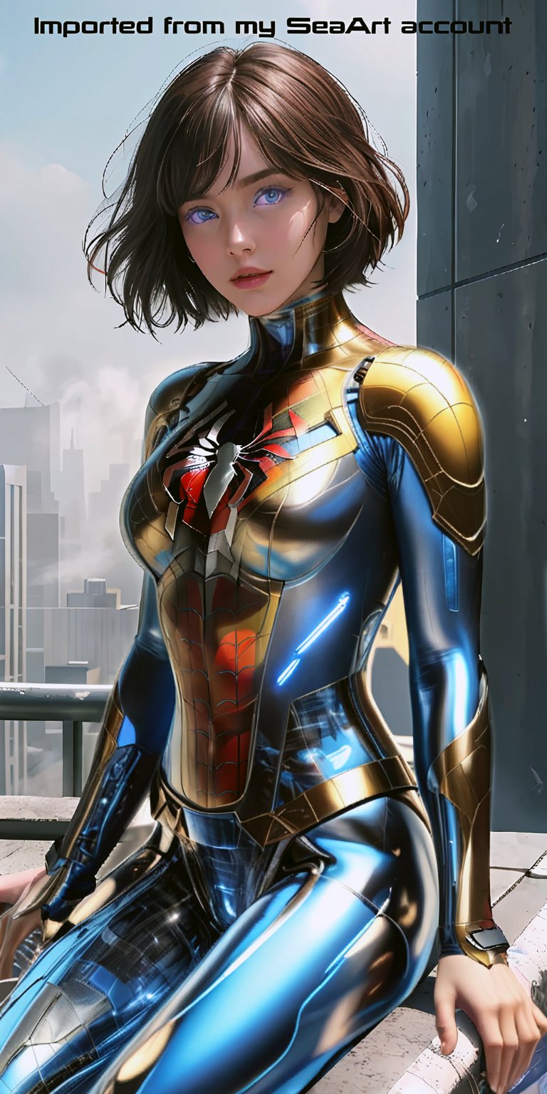 Spider-Woman Solo Portrait: A stunning 8K UHD portrait of a young woman wearing a Spider-Man suit, with a dynamic pose on a rooftop ledge overlooking the city. Her very detailed face and eyes sparkle in the sunlight, with realistic skin texture and visible pores. The cybersuit's shiny metallic gloss highlights her fair skin. In the background, a complex, busy futuristic dystopian megalopolis scene unfolds, with volumetric fog adding depth to the urban landscape. The overall aesthetic is a masterpiece of beauty and realism, reminiscent of Marek Okon's style.