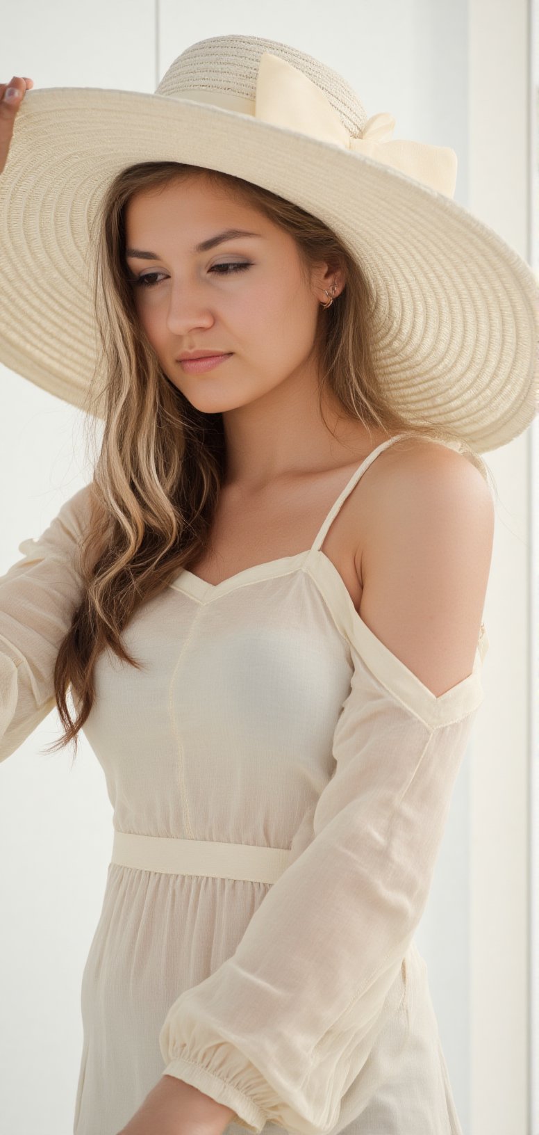 A detailed digital painting of a young woman with long, flowing blonde hair, wearing an elegant white dress and a large, wide-brimmed white hat adorned with a bow. She poses gracefully with a soft, serene expression, her eyes downcast, and her hand gently touching her hat. The painting features smooth, flowing lines with soft lighting and subtle shading, highlighting the delicate folds of her dress and the intricate details of her hat. The overall mood is peaceful and refined, capturing a moment of quiet elegance against a minimal, softly blurred background.,Flux_Ale_V1