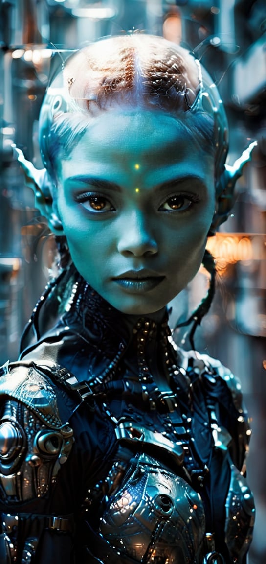 CG_v3, Upper body photo. 1 Girl. Surreal photo of an alien otherworldly being with silver metallic skin, bright eyes, and intricate clothing patterns. Perfect eyes, highly detailed beautiful expressive eyes, detailed eyes. Glowing orbs. Background is of an alien planet. Curved landscape. 35mm photograph, film, bokeh, professional, 4k, highly detailed dynamic lighting, photorealistic, raw, rich, intricate details. Photo uses an abundance of silver, blue, grey, black, and white.,dark,TechStreetwear