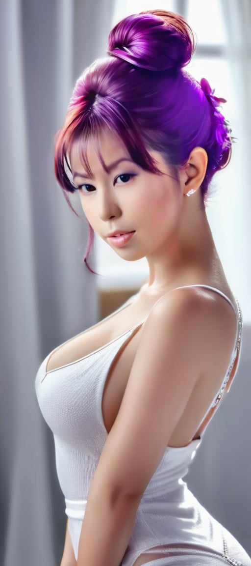 CoG_v2, (photo realistic:1.8), RAW, ((masterpiece, best quality)), (((best quality, 64K, high resolution, masterpiece: 1.3))), bokeh,1 woman, solo, 23 year old, (((pale_skin:1.6))) ivory porcelain pale white skin, ((slim hourglass figure)) (huge boobs:1.3), ((seductive pose:1.6)),(ultra realistic,best quality),((extremely realistic photo)), ((masterpiece)), ((best quality)), (((photo Realistic))), (portrait photo), (8k, RAW photo, best quality, masterpiece:1.2), (realistic, photo-realistic:1.3). A stunning, high-resolution fashion poster featuring a captivating young model with purple hair in a stylish bedroom setting. The model is wearing a cozy purple and white sweater that accentuates her chest and showcases her beautiful. Her hair is styled in an elegant bun, drawing attention to her alluring features. The overall atmosphere of the image is sultry and glamorous, with a focus on fashion and beauty.