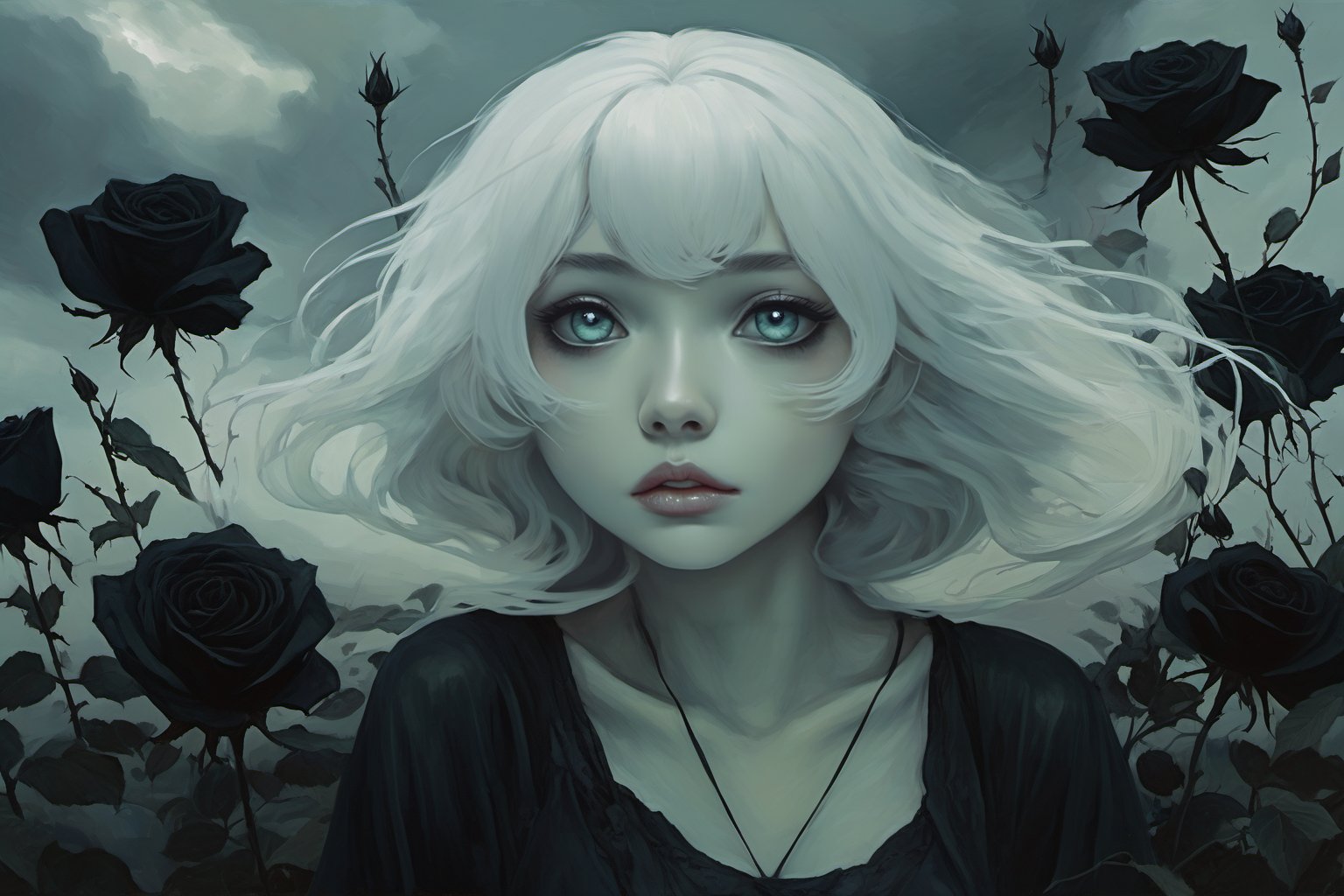 OIL Painting, anime source, spectral woman with white hair, field of black roses. dark weather, hair flying, melancholic expression, waist up, highlighting expressions,more detail XL.,oil paint,Dark Anime. on side view, Far angle
