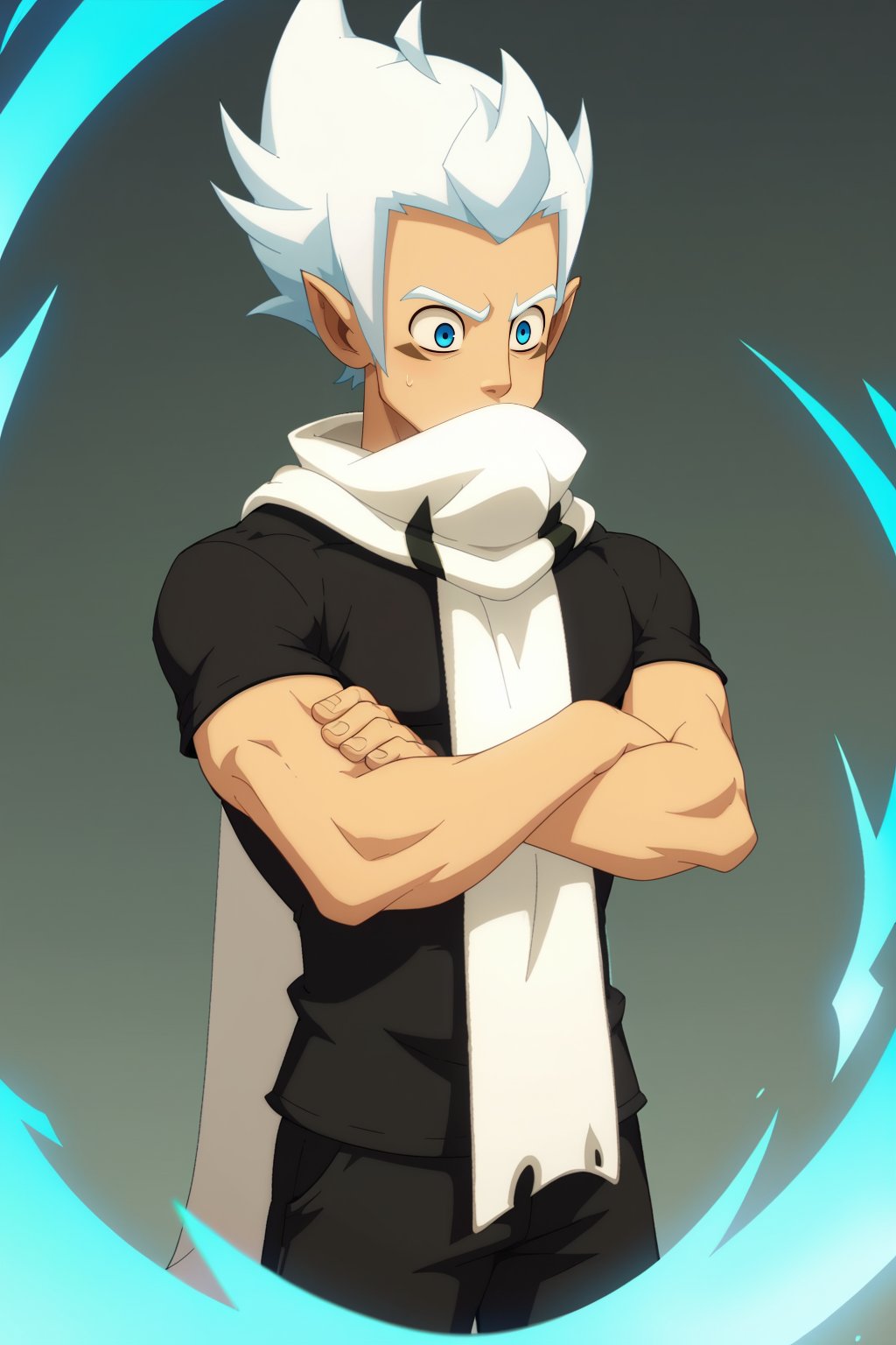 score_9, score_8, score_7. wakfu, male. Silvery white hair, teased hair forward, black raglan t-shirt, white sleeves, black pants, white scarf covering the mouth, bright blue eyes, cyan blue energy around the body, telekinesis