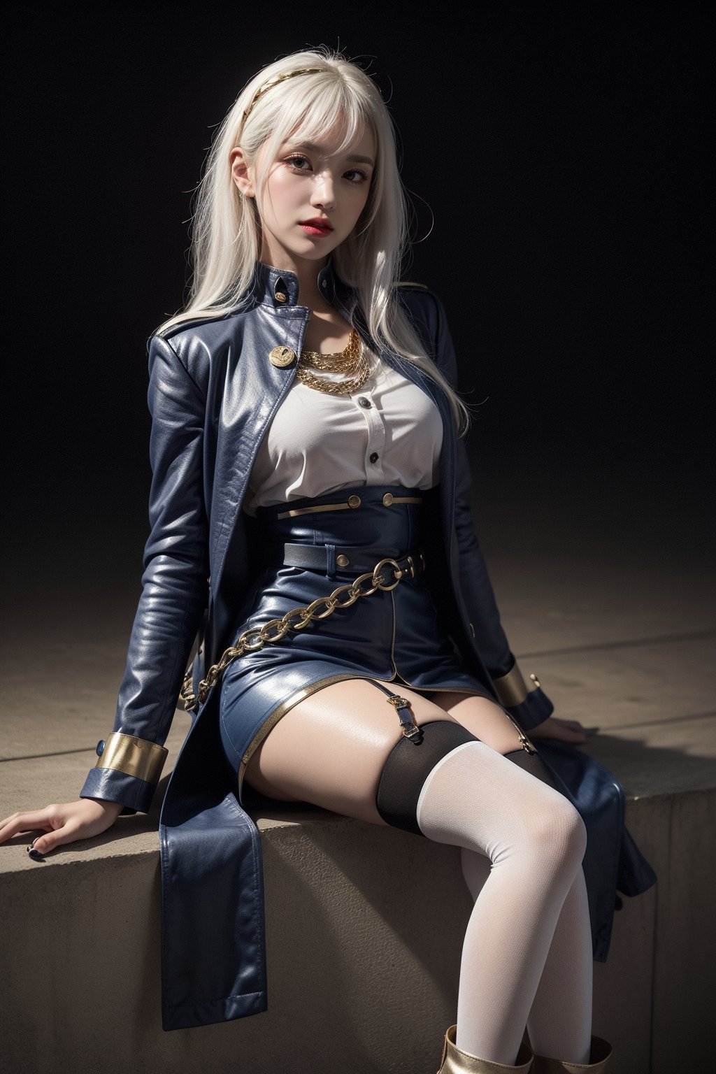 (lena, white hair, white stockings, long hair), military-inspired outfit, deep blue uniform-style coat, gold and white detailing, high collar with gold trim, gold buttons, gold stripes on arms, short white skirt, black belt with gold buckle, decorative gold chain, over-the-knee white stockings, black garter straps, deep blue ankle boots, yellow cuff, modern and fashionable twist, photorealistic photo, perfect female body, Read Description. High Detail,masterpiece,best quality,more detail,Hyper Quality,detailed,more detail,Texture-rich,Delicate texture