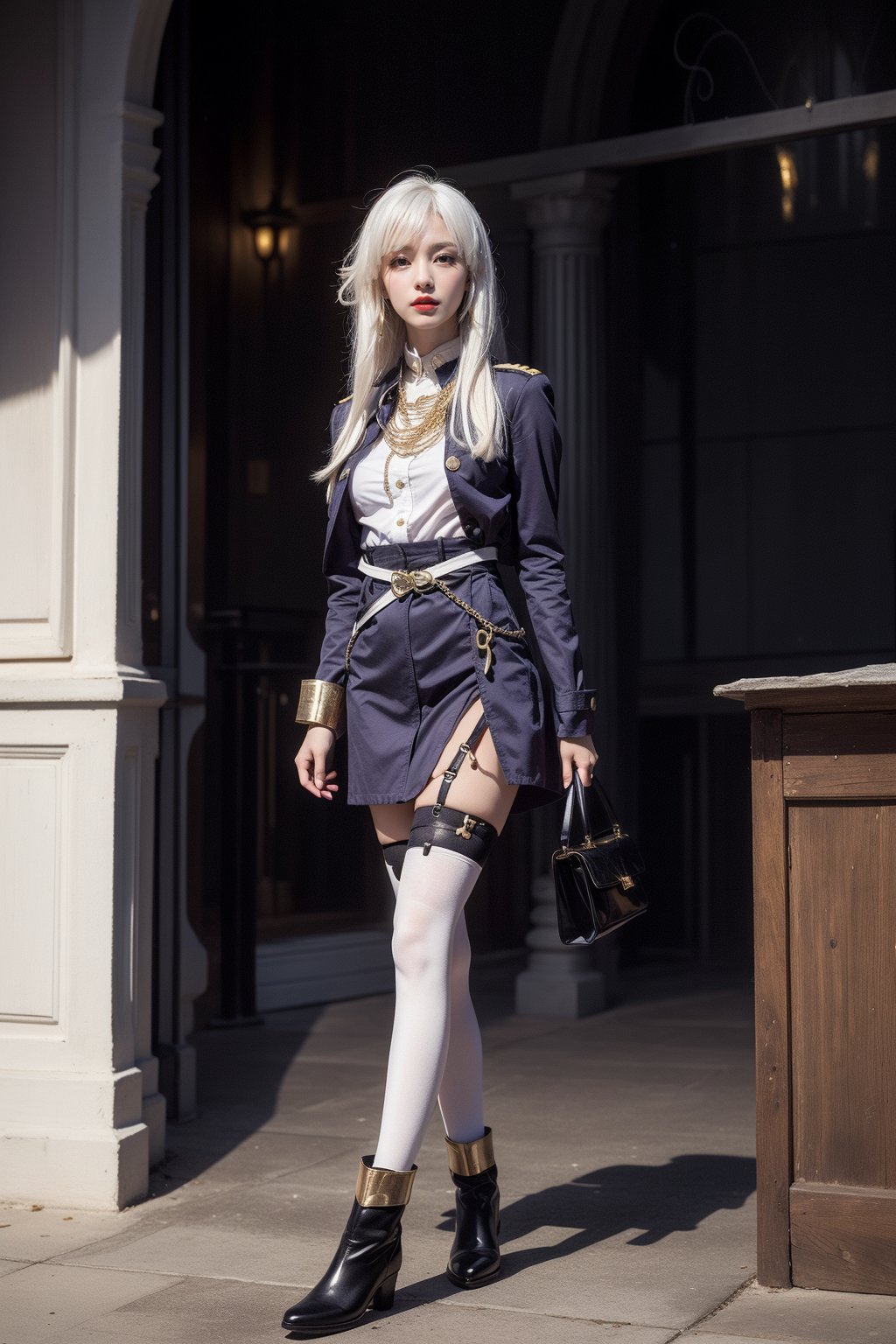 (lena, white hair, white stockings, long hair, bangs, hair between eyes), military-inspired outfit, deep blue uniform-style coat, gold and white detailing, high collar with gold trim, gold buttons, gold stripes on arms, short white skirt, black belt with gold buckle, decorative gold chain, over-the-knee white stockings, black garter straps, deep blue ankle boots, yellow cuff, modern and fashionable twist, photorealistic photo, perfect female body, Read Description. High Detail,masterpiece,best quality,more detail,Hyper Quality,detailed,more detail,Texture-rich,Delicate texture,1 girl