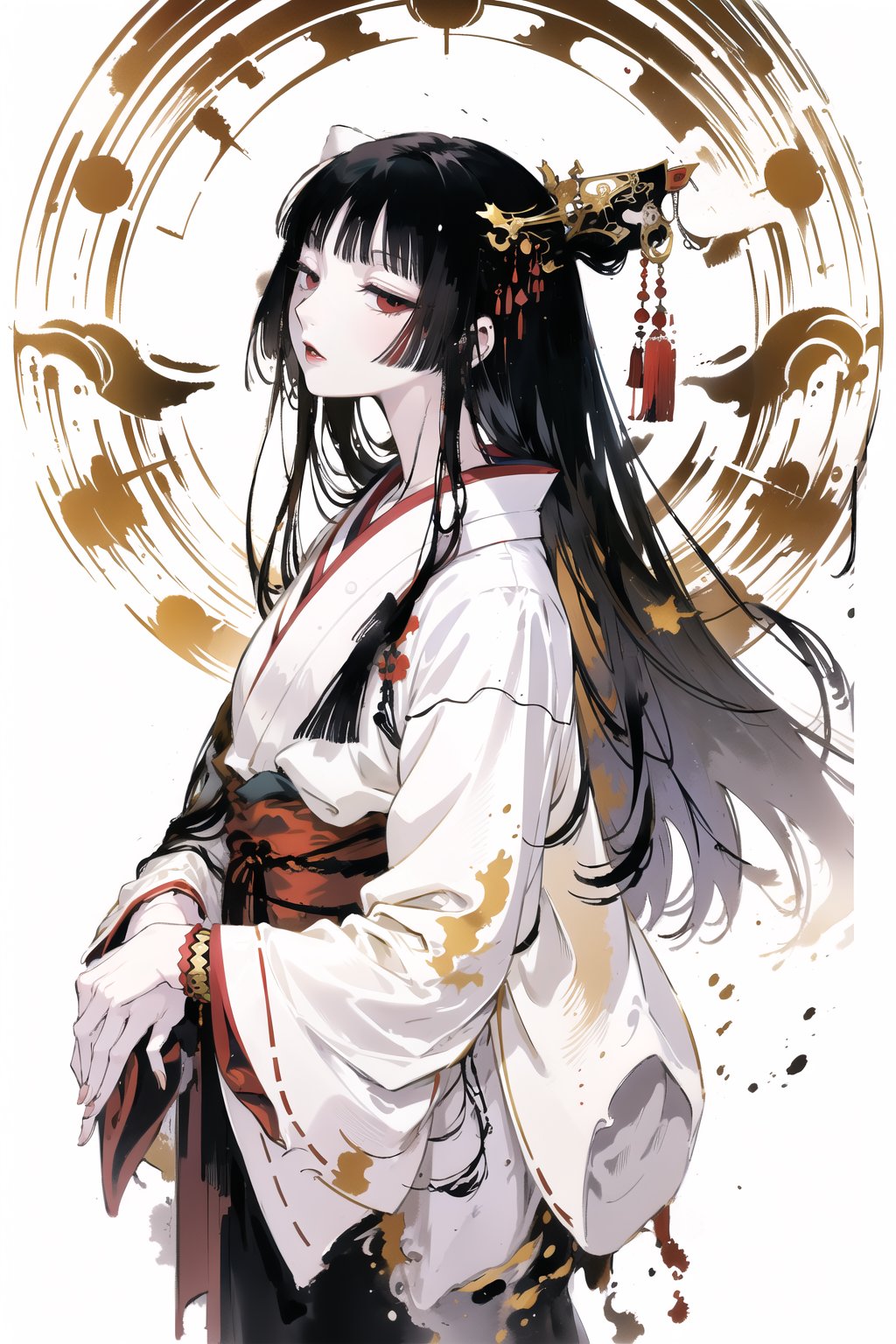 masterpiece, 1girl, oriental style,,
(white background:1.5),
simple background,
mature female,kimono,masterpiece,line anime,fujimotostyle,best quality,Ukiyo-e,ink splash,A Traditional Japanese Art,ancient_beautiful,long hair,