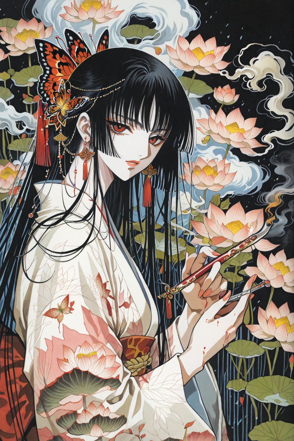 score_9,score_8_up,score_7_up,masterpiece,best quality,xxxHOLiC,Ichihara Yuko,1girl,black hair,solo,japanese clothes,kiseru,smoking pipe,red eyes,bug,butterfly,long hair,kimono,flower,smoke,pale skin,lotus,traditional media,,CLAMP, ink wash painting,shuimo style