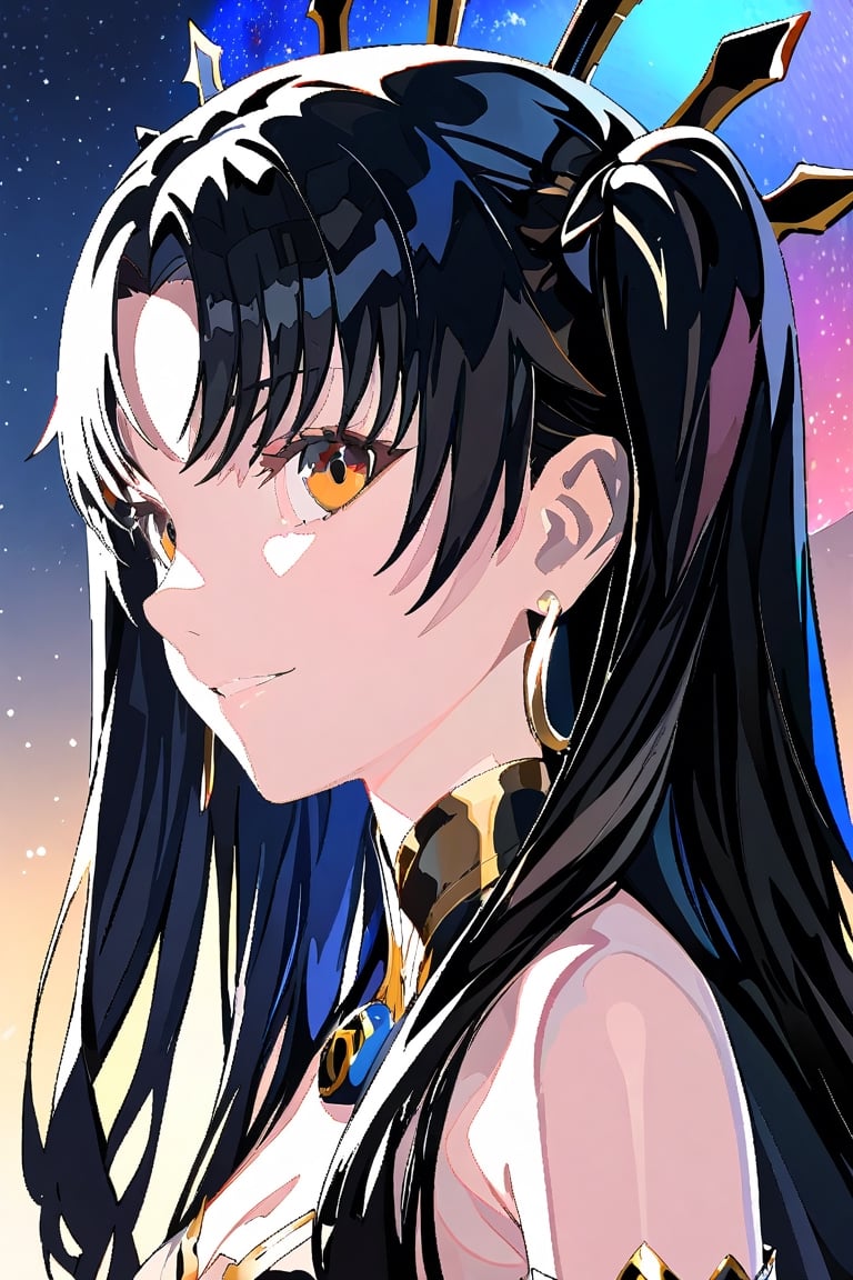  (masterpiece, top quality, best quality), (1girl:1.4), upper body,portrait, extreme detailed,Cogecha,ishtar \(fate\),8k,high resolution,smile,face looking into camera,night,starry sky