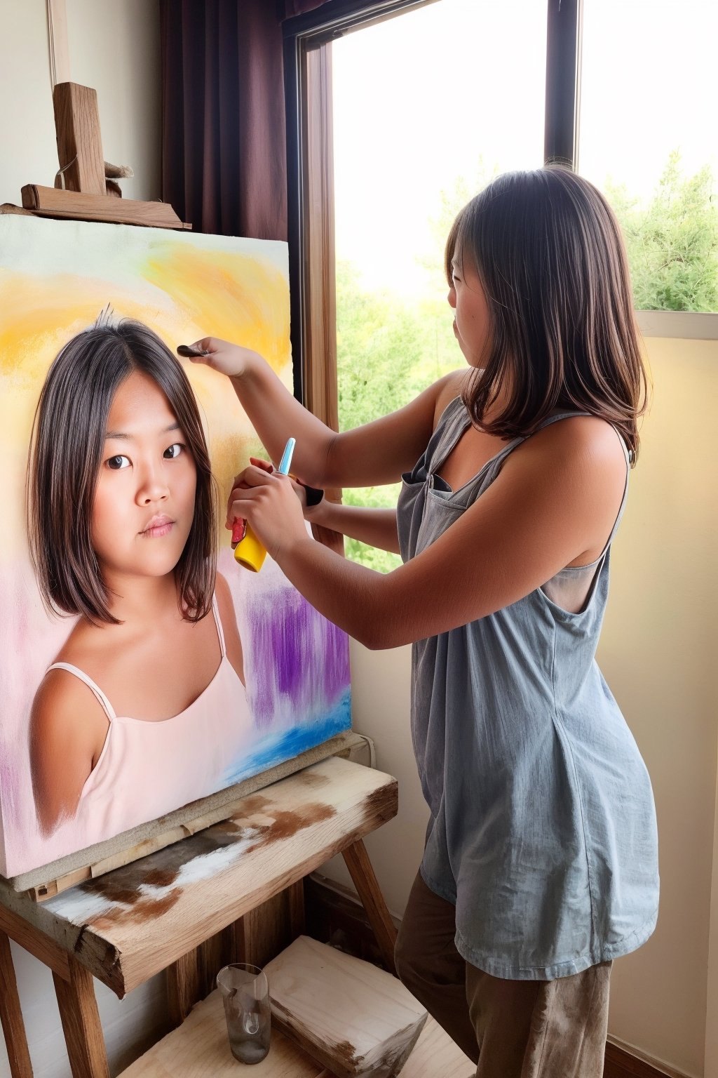 Create an image of 25 years old girl emerging from a life-size art canvas in three dimensions. She is being painted by another young woman in beautiful pastel colors. Set it in an art studio with sunlight filtering through the windows and art supplies scattered about.,kama-yi, kama-yi, kama-yi, medium_breasts, 