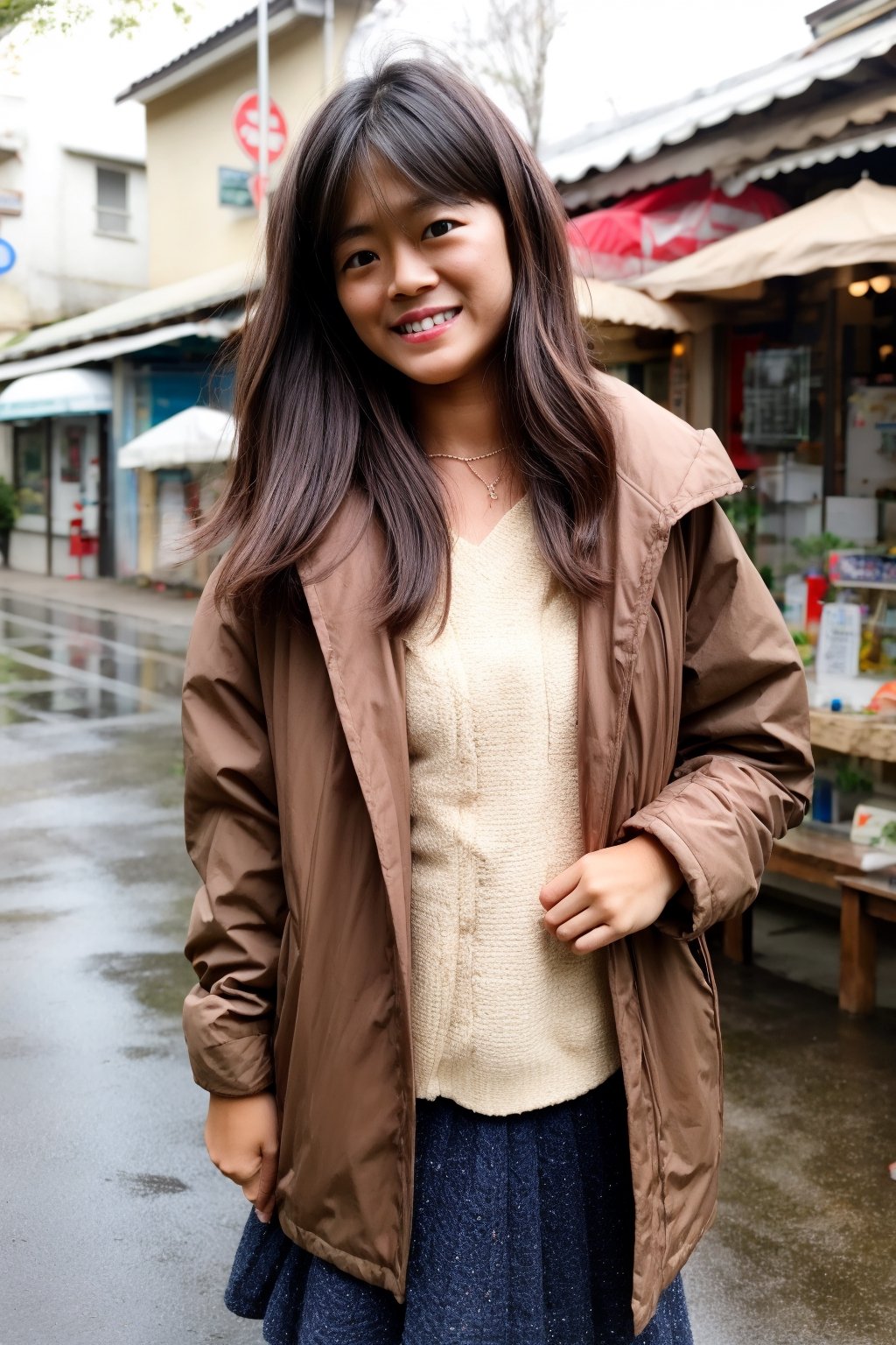 Beautiful and delicate light, (beautiful and delicate eyes), pale skin, big smile, (brown eyes), (black long hair), dreamy, medium chest, woman 1, (front shot), japen girl, bangs, soft expression, height 170, elegance, bright smile, 8k art photo, realistic concept art, realistic, portrait, necklace, small earrings, handbag, fantasy, jewelry, shyness, skirt, winter down parka, scarf, rainy street, footprints,Future girl, kama-yi, (kama-yi)