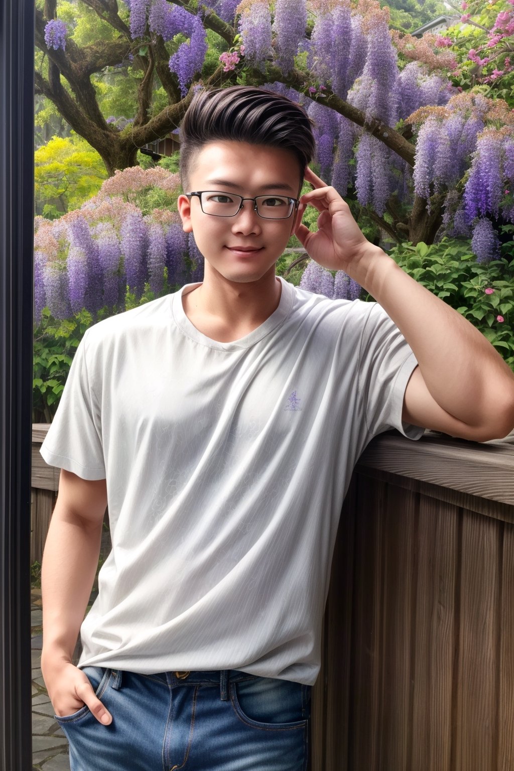 1boy, Realistic realism, a real Japanese young man with a relaxed and happy expression, wearing a white shirt and jeans, refreshing in summer, two pieces of bare sandblasted glass with engravings of wisteria flowers are placed behind the young man on the left and right sides,bevis,bevis,bevis,(glasses),elminisonii