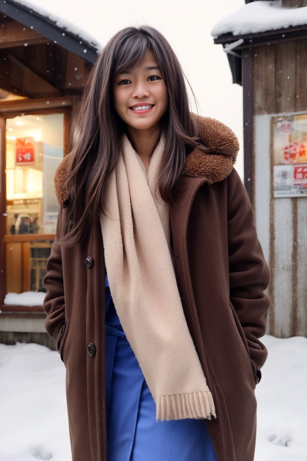 Beautiful and delicate light, (beautiful and delicate eyes), pale skin, big smile, (brown eyes), (black long hair), dreamy, medium chest, woman 1, (front shot), japen girl, bangs, soft expression, height 170, elegance, bright smile, 8k art photo, realistic concept art, realistic, portrait, necklace, small earrings, handbag, fantasy, jewelry, shyness, skirt, winter down parka, scarf, snowy street, footprints,Future girl, kama-yi, (kama-yi)