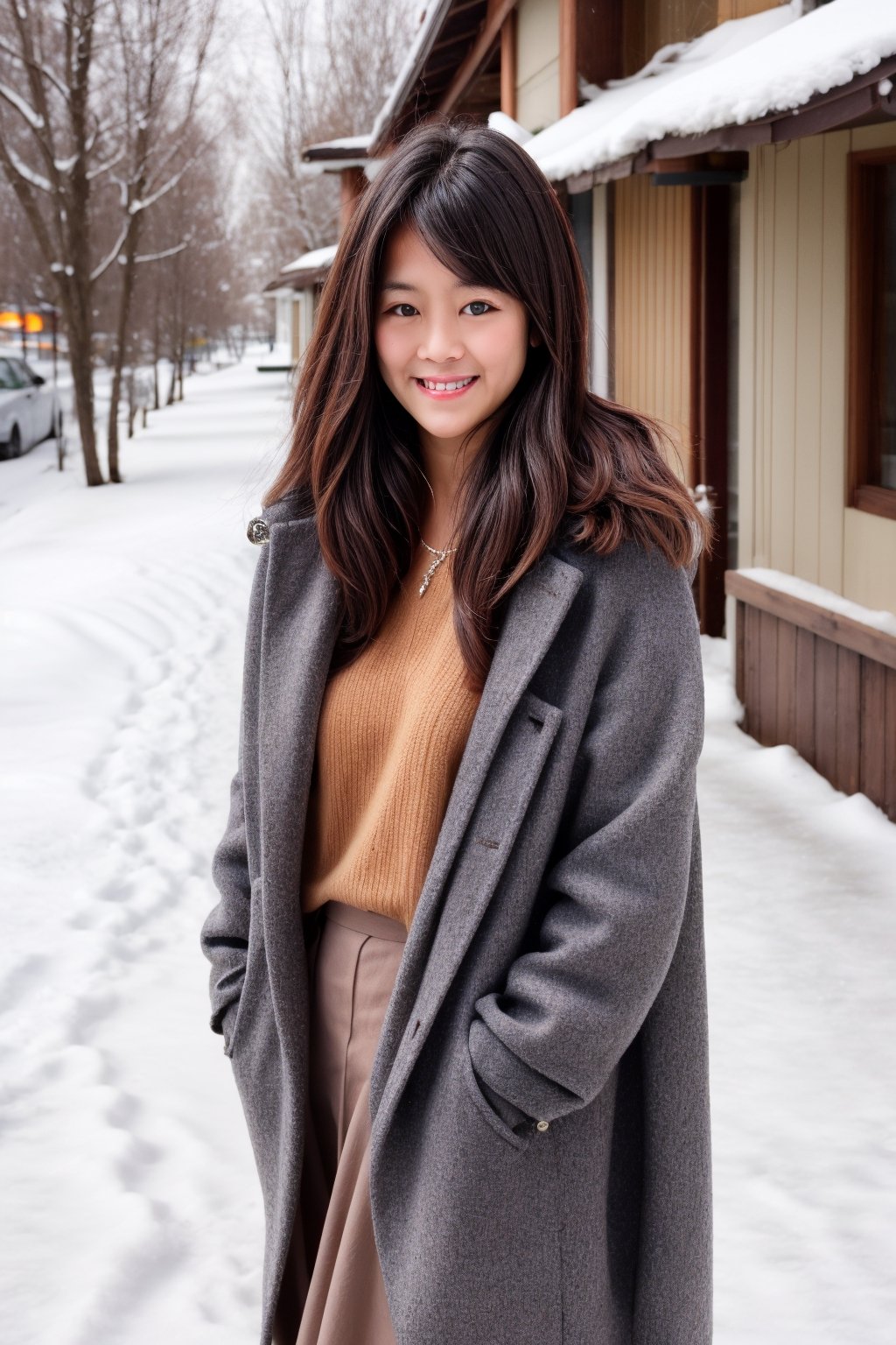 Beautiful and delicate light, (beautiful and delicate eyes), pale skin, big smile, (brown eyes), (black long hair), dreamy, medium chest, woman 1, (front shot), japen girl, bangs, soft expression, height 170, elegance, bright smile, 8k art photo, realistic concept art, realistic, portrait, necklace, small earrings, handbag, fantasy, jewelry, shyness, skirt, winter down parka, scarf, snowy street, footprints,Future girl, kama-yi, (kama-yi)