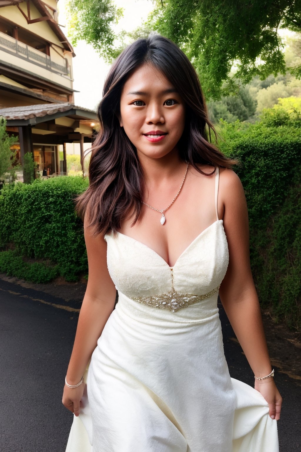 Gorgeous young asian woman, soft lips, brown highlighted hair, cleavage, medium breasts, octane render, unreal engine, photograph, realistic skin texture, photorealistic, hyper realism, highly detailed, 85mm portrait photography, award winning, soft rim lighting photography, realhands, Extremely Realistic, hotel, looking at camera, smile, wedding gown, necklace, earrings, chanel bracelet,
Wedding dress at a church, footprints,Future girl, kama-yi, (kama-yi)