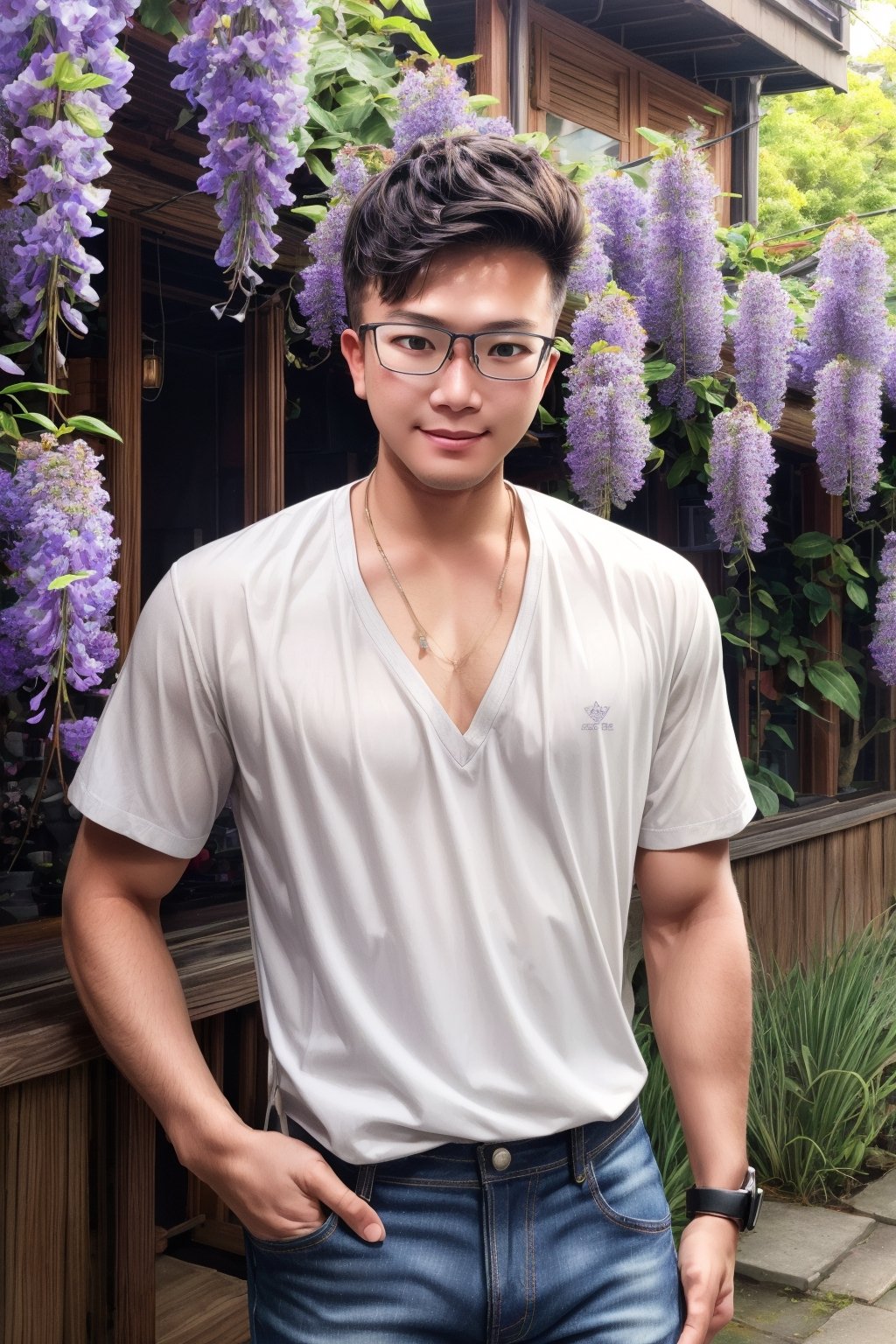 1boy, Realistic realism, a real taiwan young man with a relaxed and happy expression, wearing a white shirt and jeans, refreshing in summer, two pieces of bare sandblasted glass with engravings of wisteria flowers are placed behind the young man on the left and right sides,bevis,bevis,bevis,(glasses),elminisonii