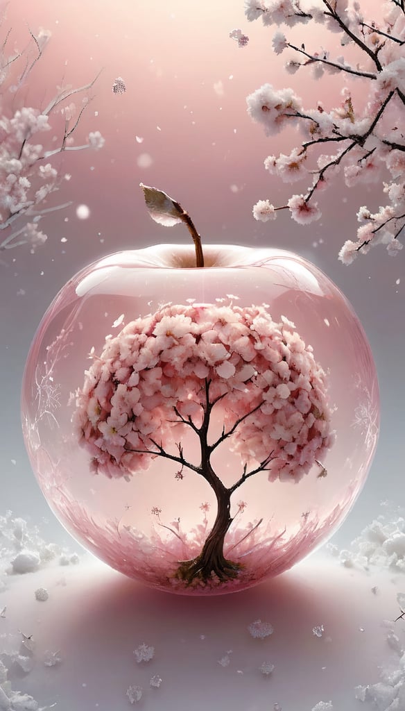 A transparent sphere in the shape of an apple. There is a sprig of a flowering apple tree inside the apple sphere.There are beautiful snowflakes around the sphere. The background is made in the form of a white and pink gradient.Very beautiful.Fantastic.

