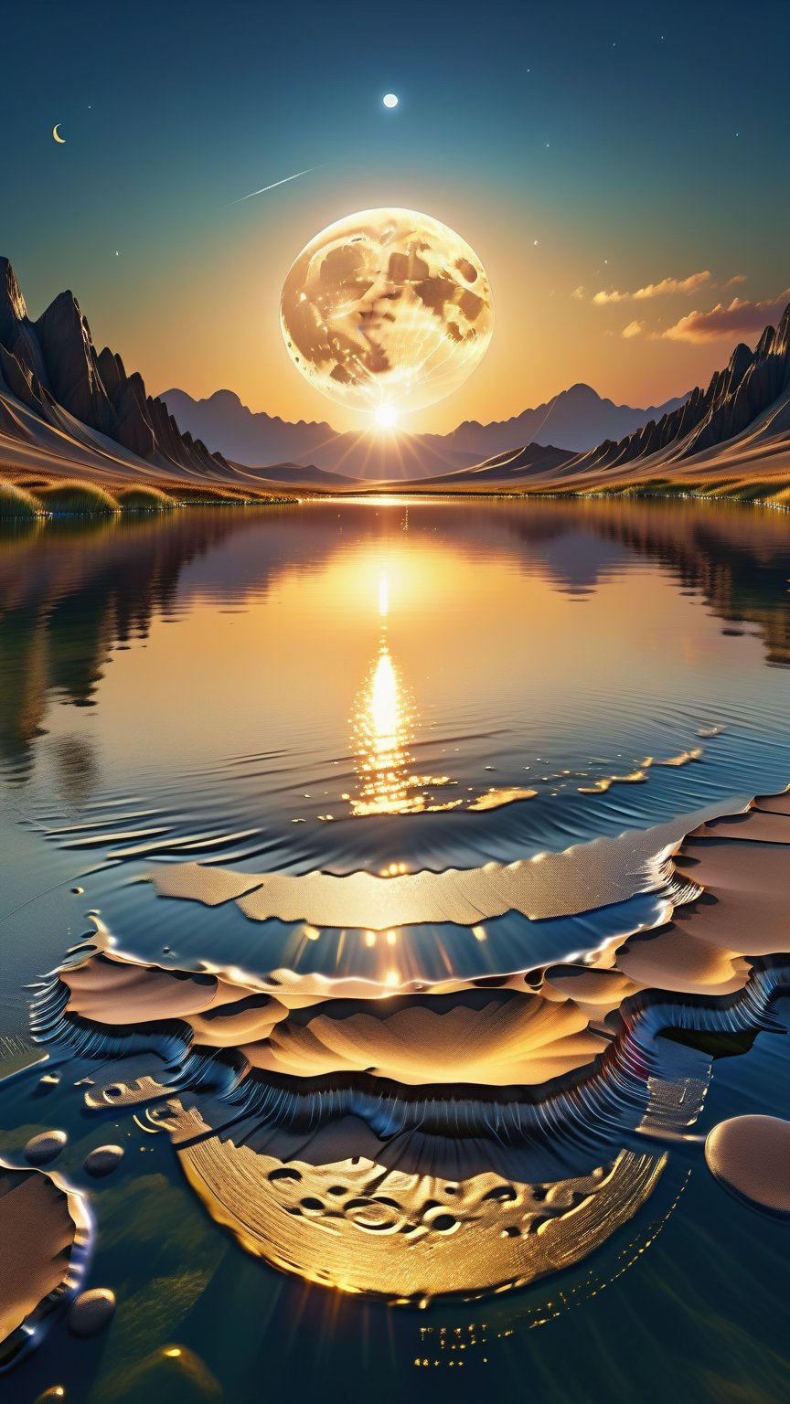 Behold the masterpiece of a digital art piece, meticulously crafted in 8K resolution with high dynamic range (HDR) and photorealistic qualities. The image features a serene landscape, where the sun sets over a tranquil body of water illuminating the moon with its golden rays. The sun's reflections on the moon's surface are intricately detailed, revealing every tiny crater and groove. The depth of field effect adds to the breathtaking view, with the foreground in sharp focus and the background gradually blurring out. The entire scene is incredibly detailed, boasting textures that almost jump off the screen. The image is so lifelike that it feels