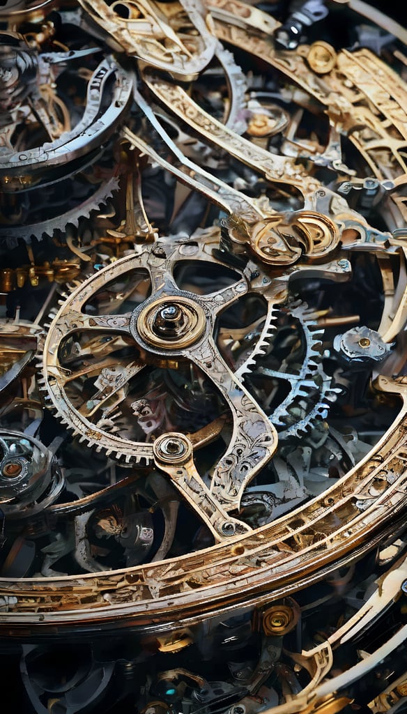 The scene features an abundance of intricately stacked mechanical parts, each engraved with extremely detailed patterns. The overall arrangement resembles a precisely calculated machine. The image is captured with a macro effect, showcasing every fine detail with exceptional clarity. Focus on maximalist detail and intricate design, Best quality, Macro photography, , Ultra-sharp focus, Perfectly rendered, Sharp focus, No blur, No dof, Photo shoot, Sharp shot, Perfect composition,  Masterpiece.