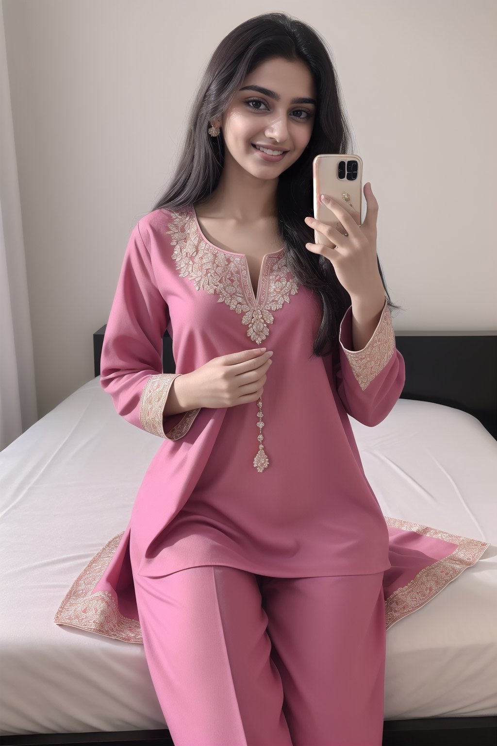  A stunning 18-year-old pakistani beauty,,small tits taking a mirror selfie in his bed room with piercing black eyes and a radiant smile, captured in hyper-realistic detail. She is dressed in a stylish pink and red kameez shalwar, .