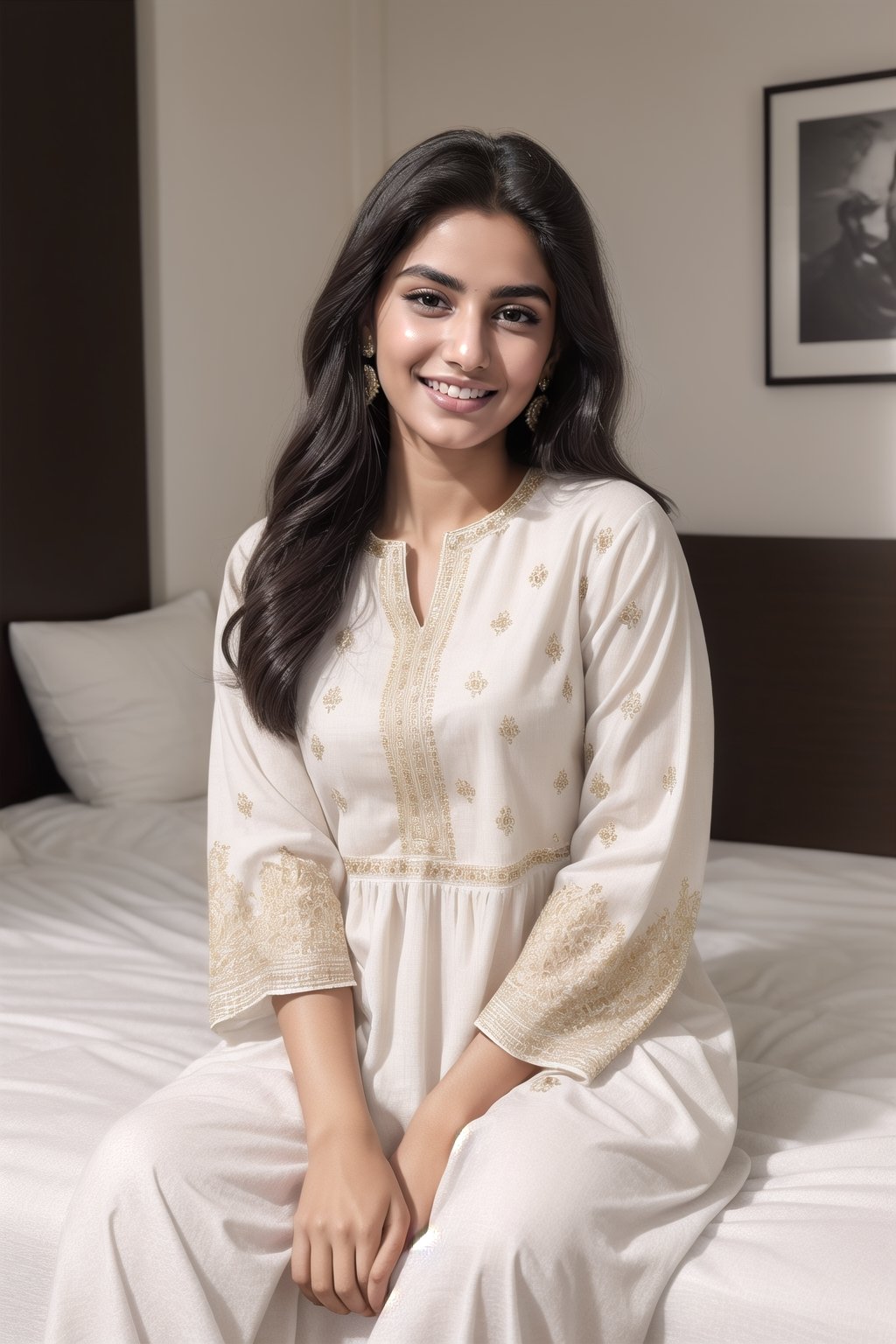  A stunning 18-year-old pakistani beauty,,sit in his bed room with piercing black eyes and a radiant smile, captured in hyper-realistic detail. She is dressed in a white printed shalwar kameez