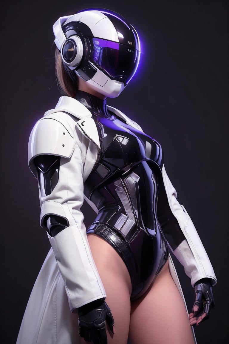 aesthetic art,
girl in robotic suit, white mask without eyes, black armor has a long black leather coat or jacket