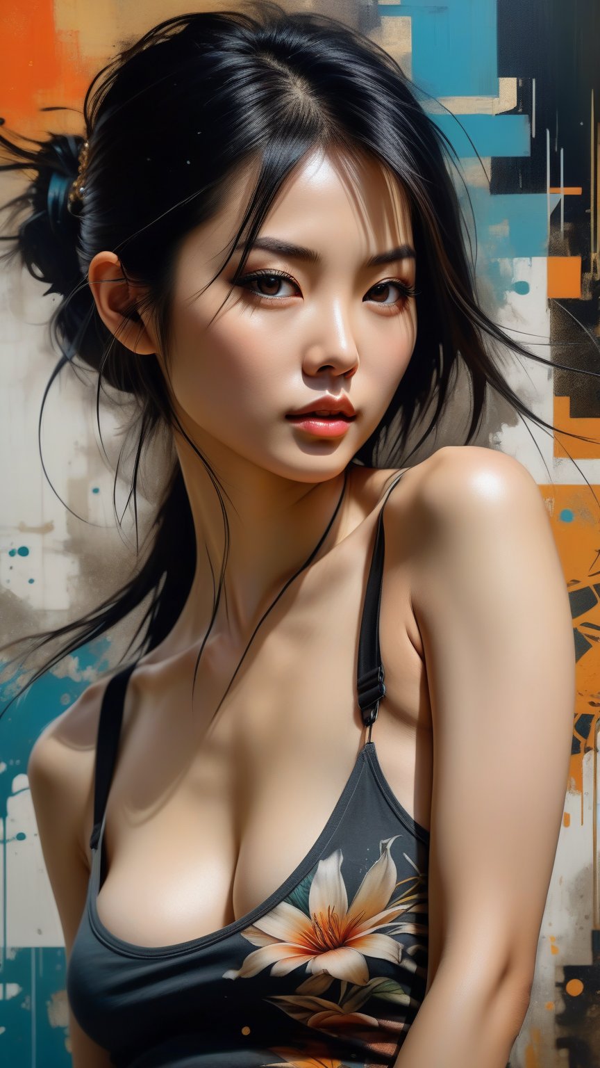 Masterpiece, Best quality, Photorealistic, Ultra-detailed, fine detail, high resolution, 8K wallpaper, Aesthetic, painterly style, modern ink, sensual Asian girl, 5 feet 3 inches in height,  expressive eyes, skimpy sleeveless superthin t-shirt with straps, no bra, braless, yakuza tattoo, expressive pose, urbanpunk, multi-layered abstract texture background, neo-expressionist, Russ Mills, Ian Miller, Harrison Fisher, Brian Froud, Jeremy Mann, Steadman, Hanuka, Klimt, Bell, Hobbie, Newton, Greg Rutkowski, atmospheric, hyperdetail, artstation trend, artgerm, deviant art, octane, masterpiece, complex art, complex details, art painting matte movie poster, golden ratio, trending on cgsociety, incredibly detailed and incredibly beautiful,1 Woman,nude,naked,realistic,1 girl,gollum,webcam photo