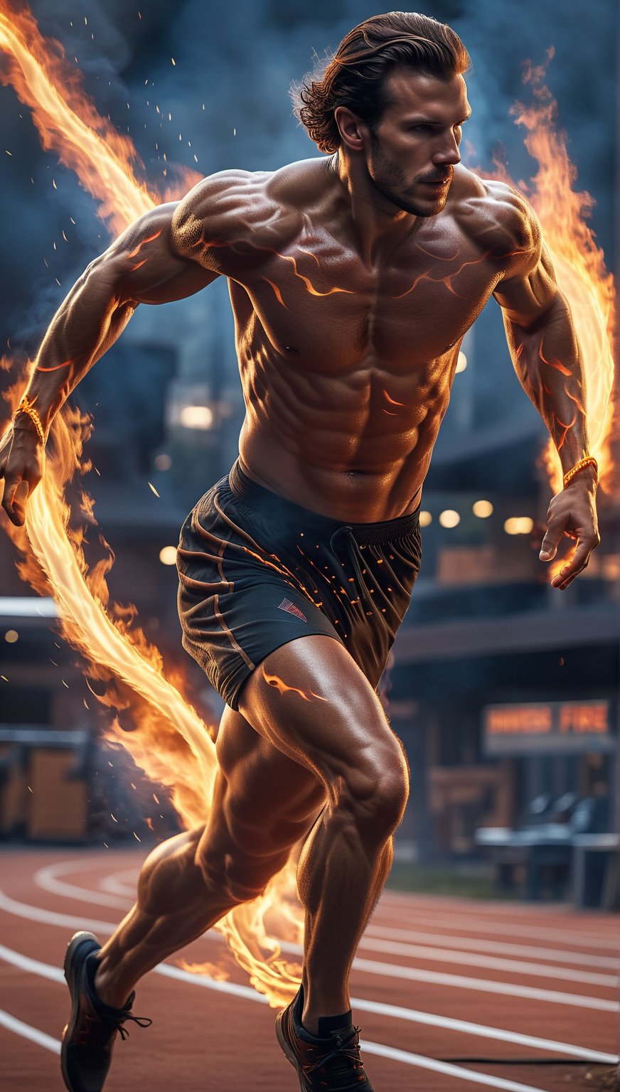 a man running with a fire ring around his neck, flames around body, fires!! hyperrealistic, by Mike Winkelmann, fire behind him, human torch, body made of fire, 8 k highly detailed, muscled humanoid balrog demon, amazing wallpaper, by Jakob Gauermann, firey