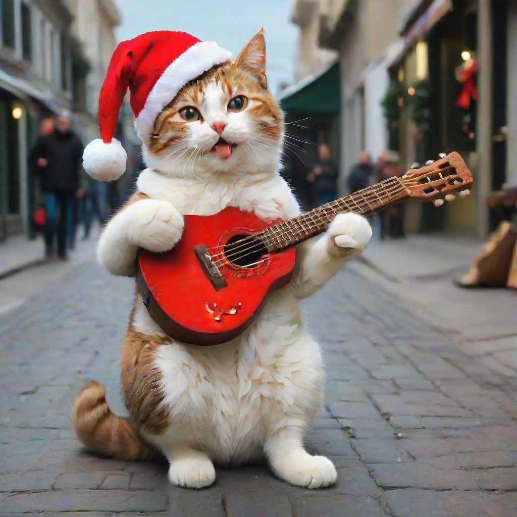 a cool and charismatic cat, donning a festive Christmas hat, BREAK, skillfully strumming a styr guitar while entertaining passersby on a lively street. The cat's playful expression and rhythmic paw movements exude a natural musical talent, captivating the audience with its melodic tunes. The Christmas hat adds a touch of holiday cheer to the scene, as onlookers pause to enjoy the impromptu street performance.