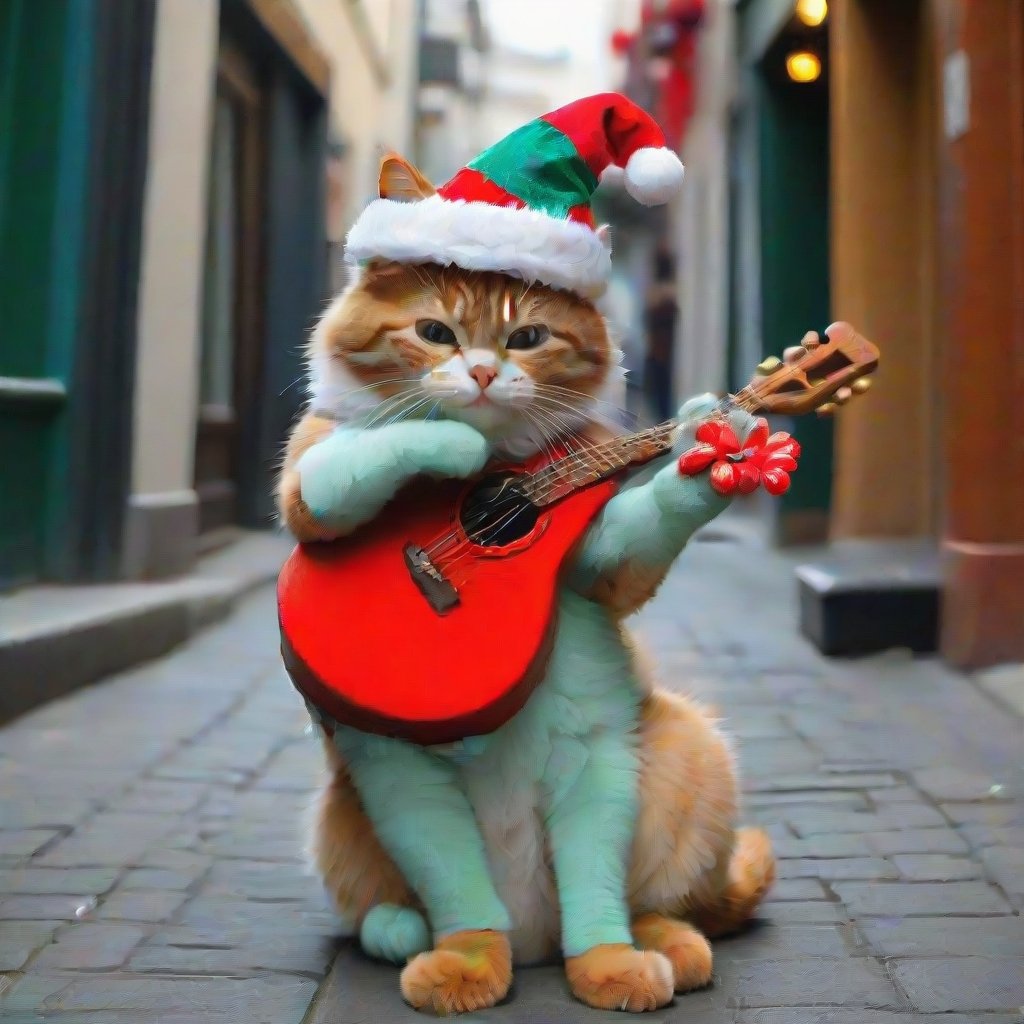 a cool and charismatic cat, donning a festive Christmas hat, BREAK, skillfully strumming a styr guitar while entertaining passersby on a lively street. The cat's playful expression and rhythmic paw movements exude a natural musical talent, captivating the audience with its melodic tunes. The Christmas hat adds a touch of holiday cheer to the scene, as onlookers pause to enjoy the impromptu street performance.