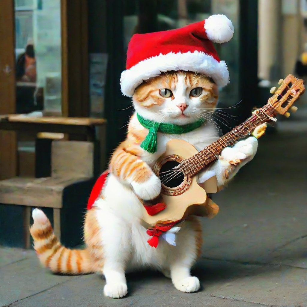 a cool and charismatic cat, donning a festive Christmas hat, BREAK, skillfully strumming a styr guitar while entertaining passersby on a lively street. The cat's playful expression and rhythmic paw movements exude a natural musical talent, captivating the audience with its melodic tunes. The Christmas hat adds a touch of holiday cheer to the scene, as onlookers pause to enjoy the impromptu street performance.