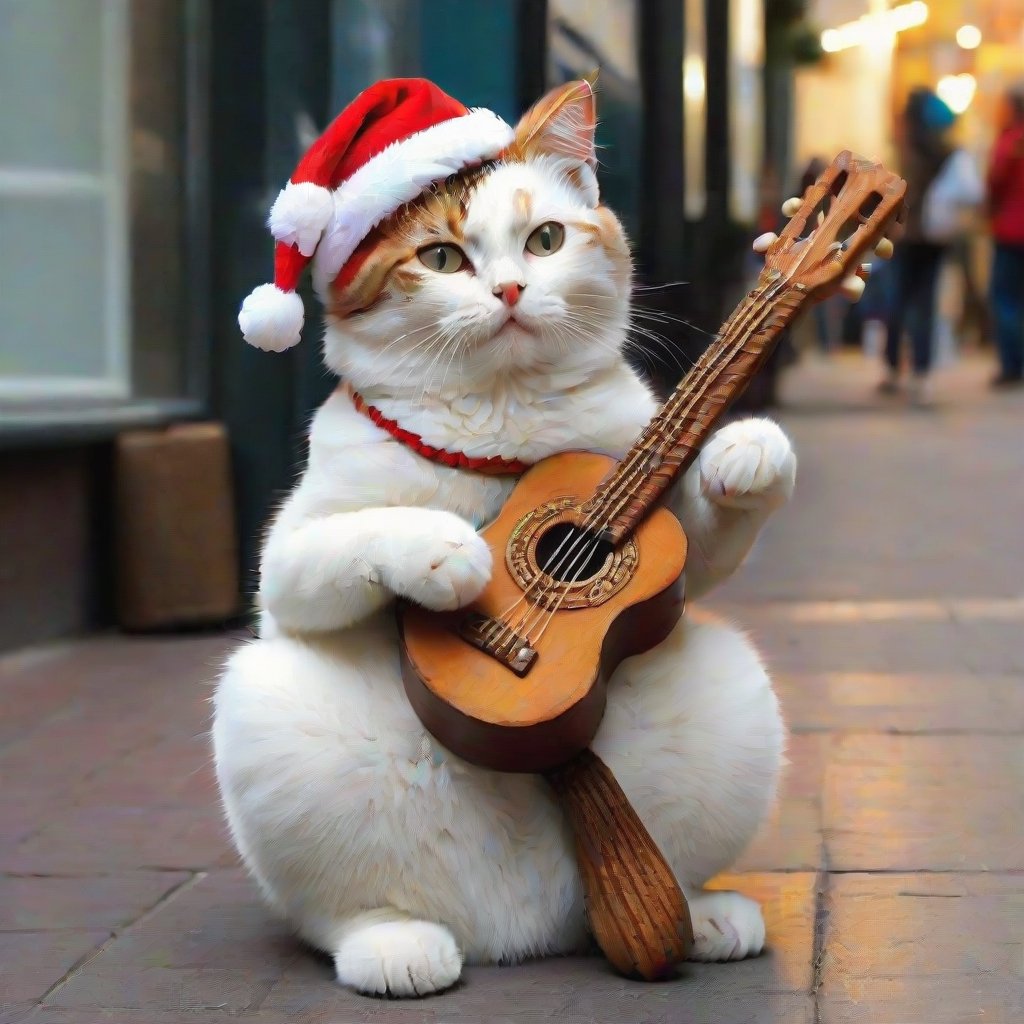 a cool and charismatic cat, donning a festive Christmas hat, BREAK, skillfully strumming a styr guitar while entertaining passersby on a lively street. The cat's playful expression and rhythmic paw movements exude a natural musical talent, captivating the audience with its melodic tunes. The Christmas hat adds a touch of holiday cheer to the scene, as onlookers pause to enjoy the impromptu street performance.