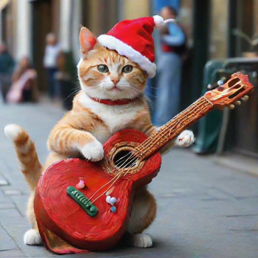 a cool and charismatic cat, donning a festive Christmas hat, BREAK, skillfully strumming a styr guitar while entertaining passersby on a lively street. The cat's playful expression and rhythmic paw movements exude a natural musical talent, captivating the audience with its melodic tunes. The Christmas hat adds a touch of holiday cheer to the scene, as onlookers pause to enjoy the impromptu street performance.